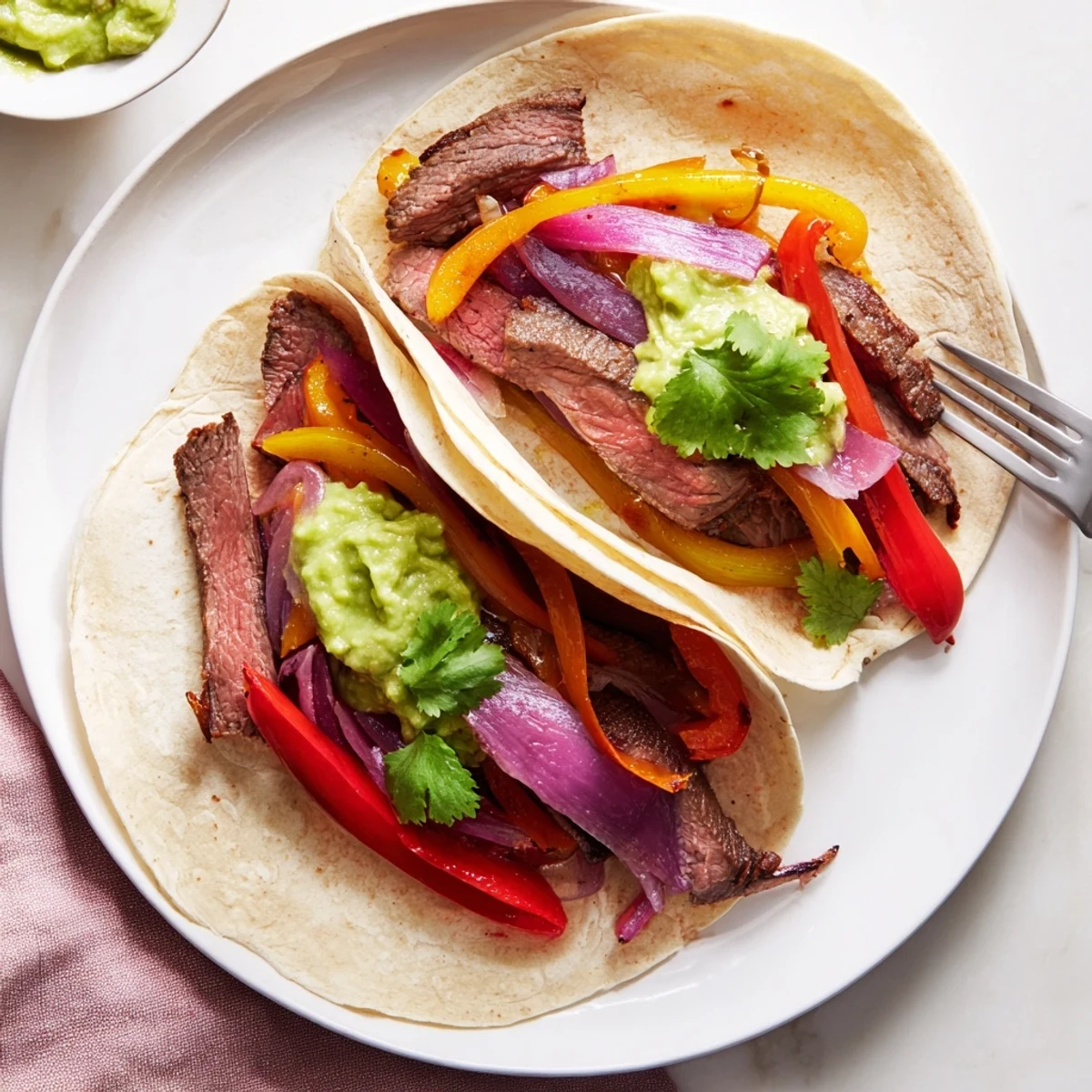 Sizzling strips of marinated beef with colorful peppers and onions, piled high in warm tortillas with creamy guacamole for a classic Tex-Mex Beef Fajitas experience.