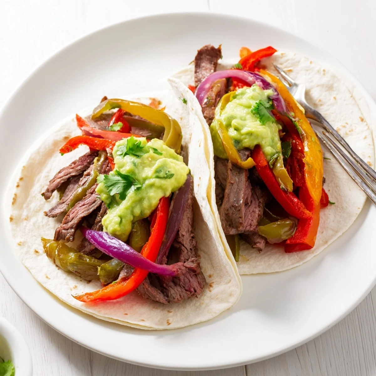 A close-up of juicy grilled Beef Fajitas, featuring charred bell peppers, onions, and fresh guacamole nestled in soft flour tortillas on a rustic serving platter.