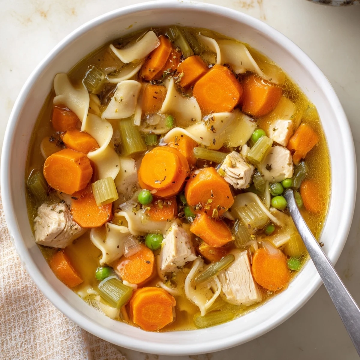 Hearty chicken noodle soup with veggies steaming in a bowl, served with crusty bread for a cozy meal.