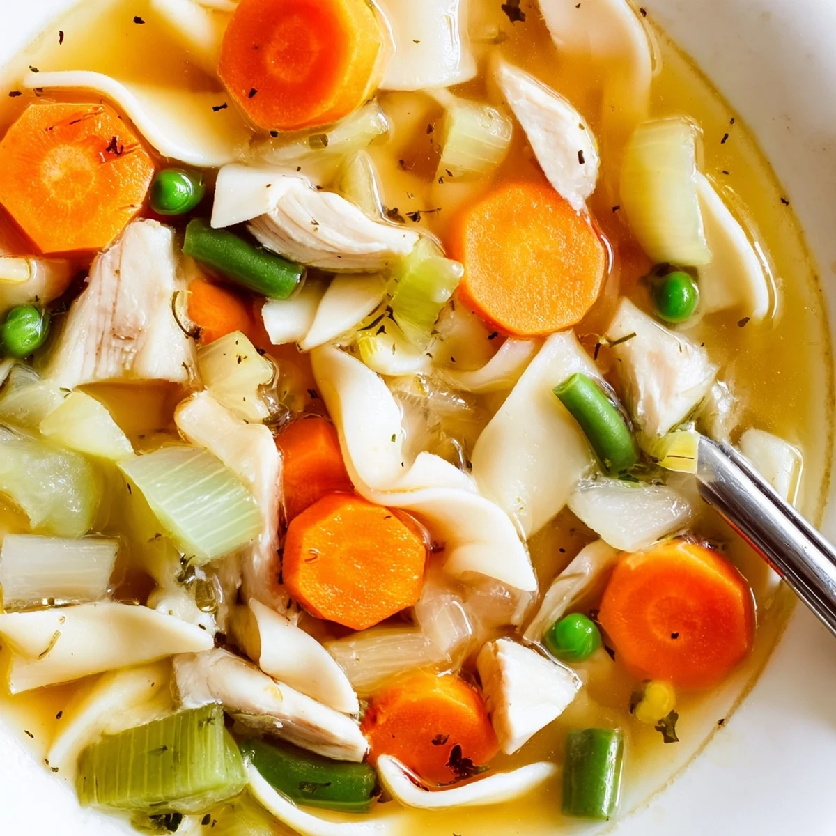Colorful chicken noodle soup with veggies features tender chicken, bright carrots, celery, and peas in a savory broth.