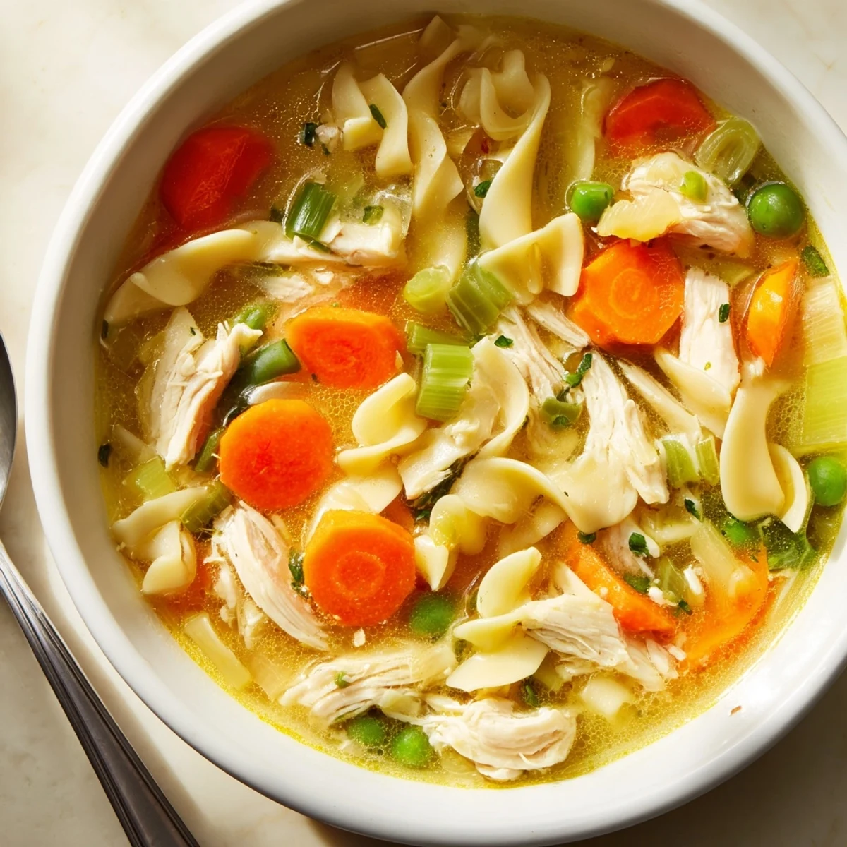 Comforting chicken noodle soup with veggies beside a spoon, ready to enjoy with fresh herbs and warm bread.
