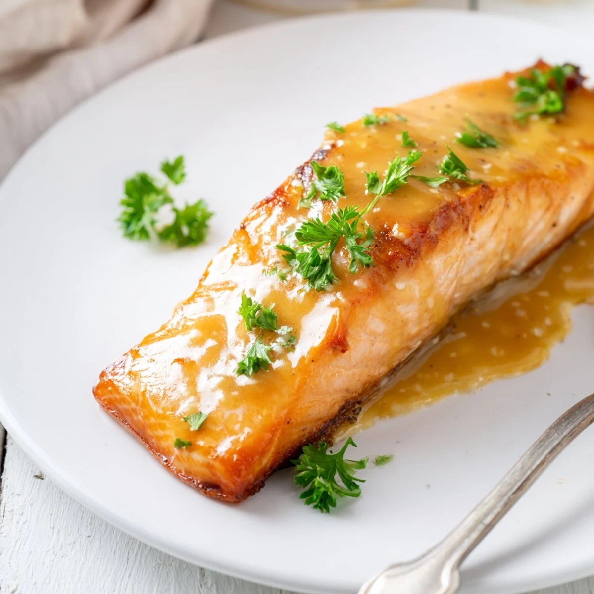 Golden-brown Baked Salmon with Honey Mustard fillets glistening with a sweet and tangy glaze on a rustic plate.