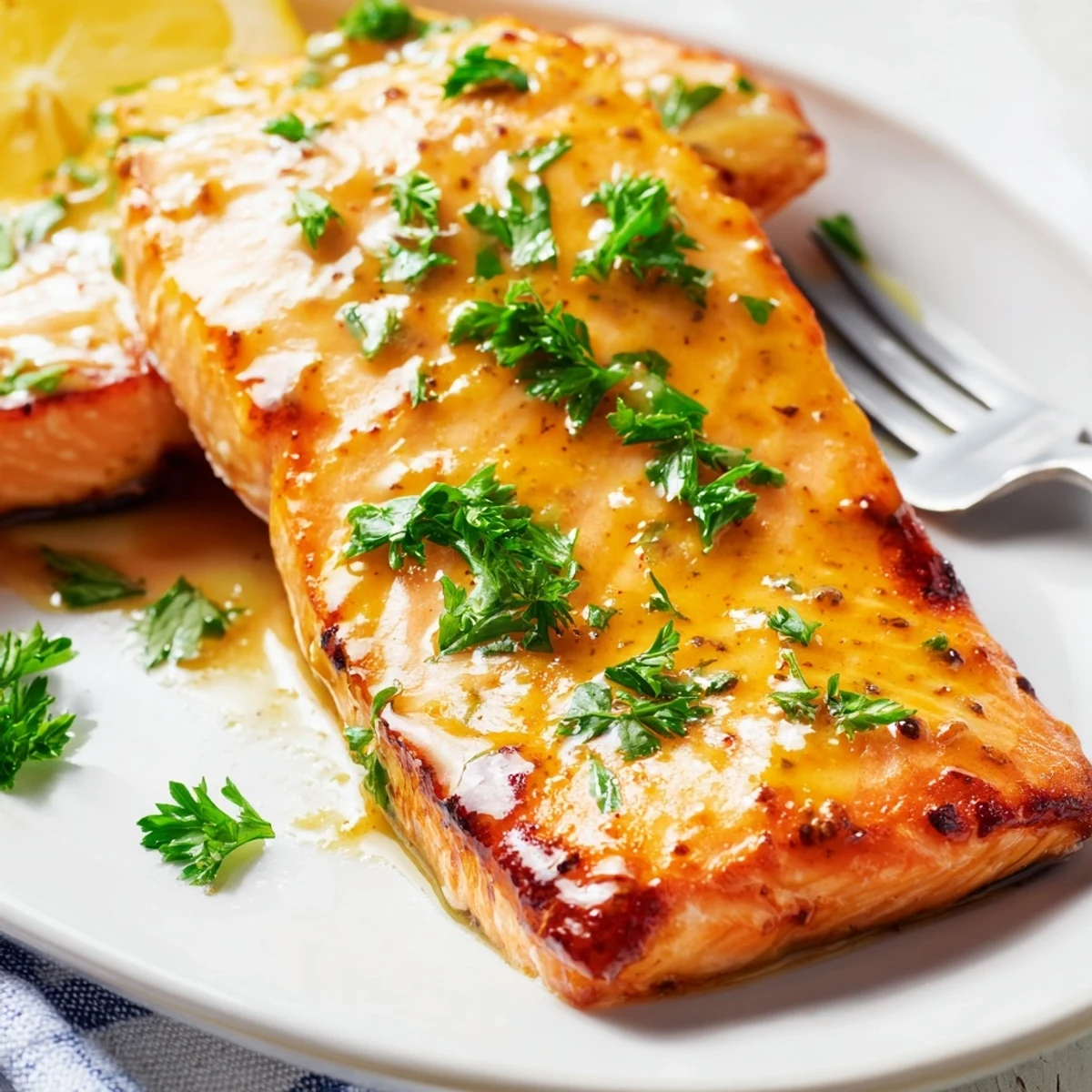 Freshly baked salmon fillet drizzled with honey mustard sauce, garnished with parsley and lemon wedges.