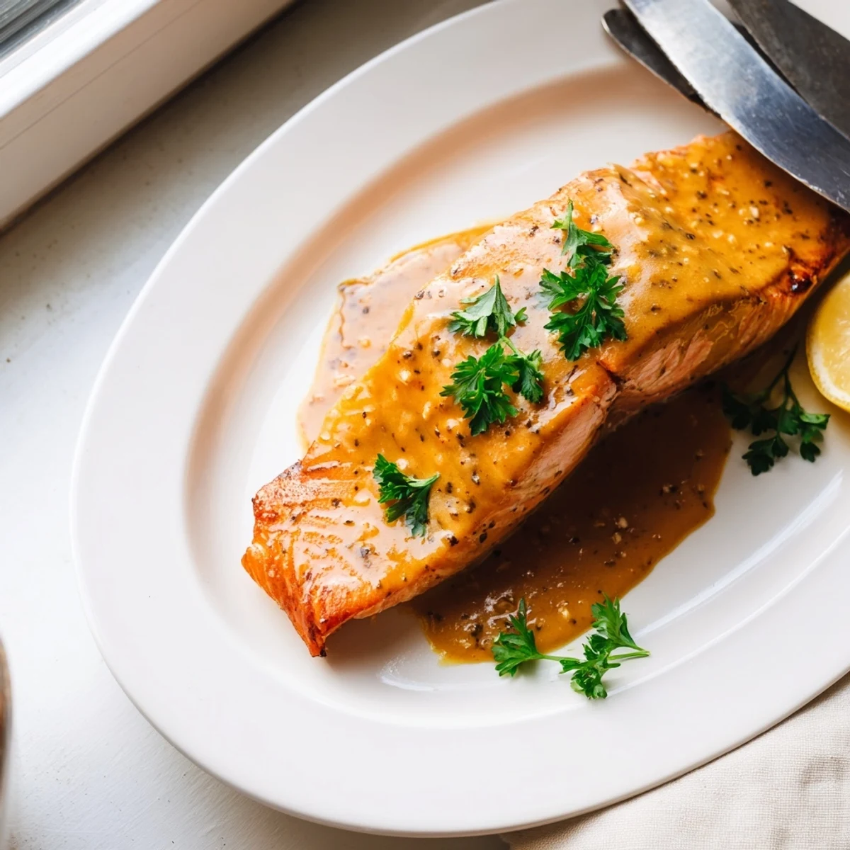 A close-up view of tender Baked Salmon with Honey Mustard, flaky and moist, ready to serve.