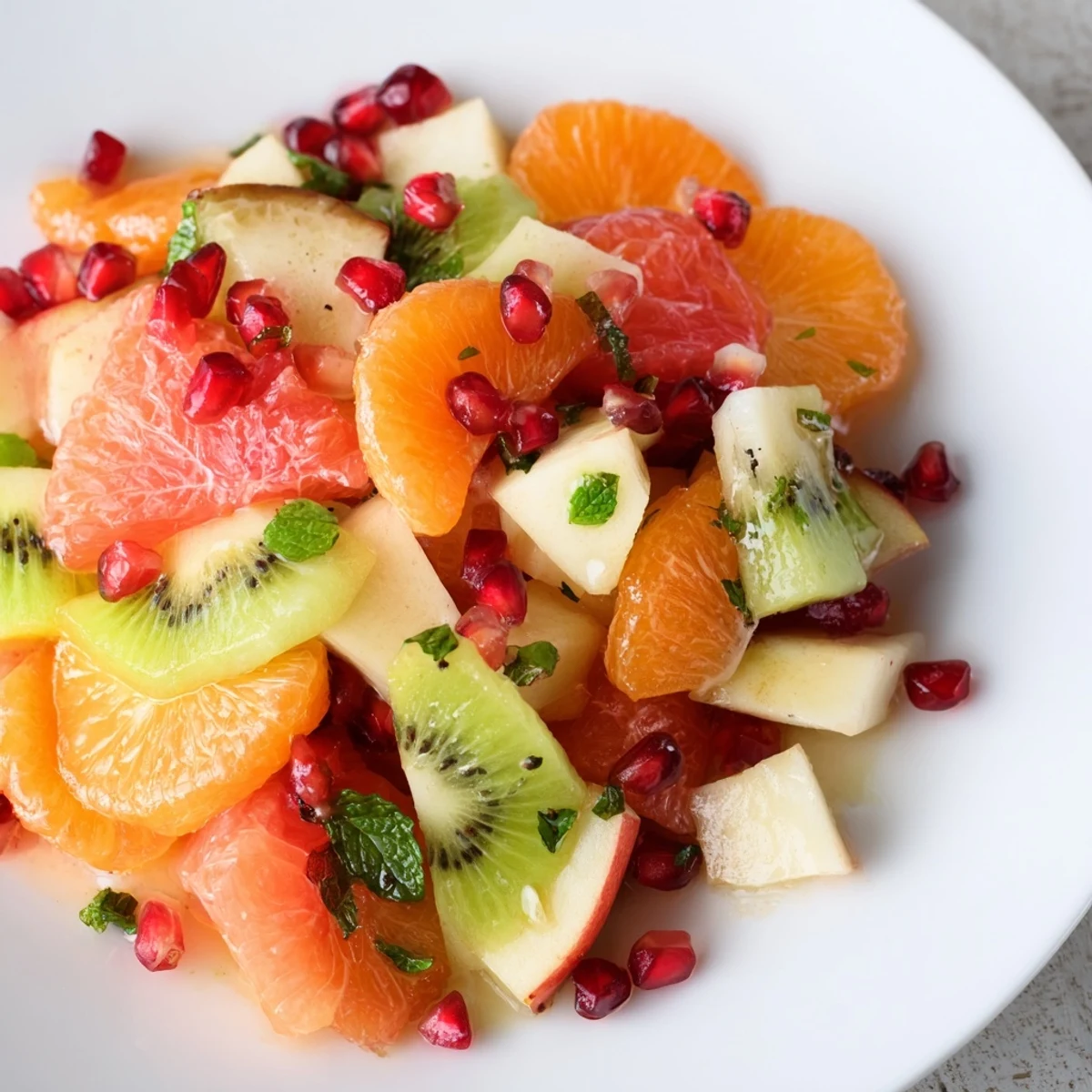 Close-up of bright citrus segments, pomegranate seeds, and sliced kiwi in Winter Fruit Salad with Mint glistening with citrus dressing. 
