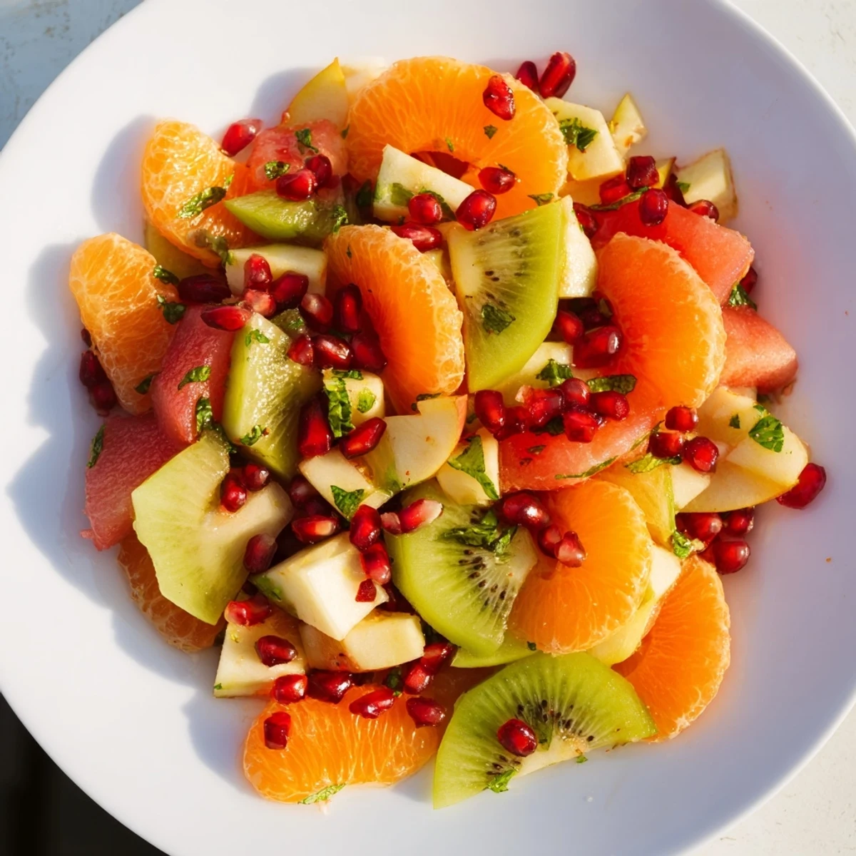 A large glass bowl filled with colorful Winter Fruit Salad with Mint, tossed with fresh mint leaves and ready to serve. 