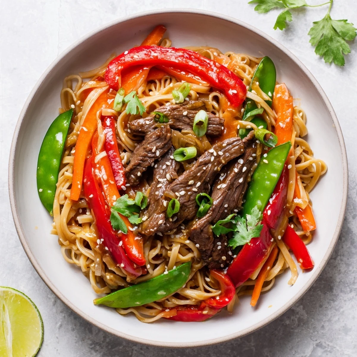 Tender beef strips and crisp veggies tossed in a spicy, glossy sauce over a bed of egg noodles.