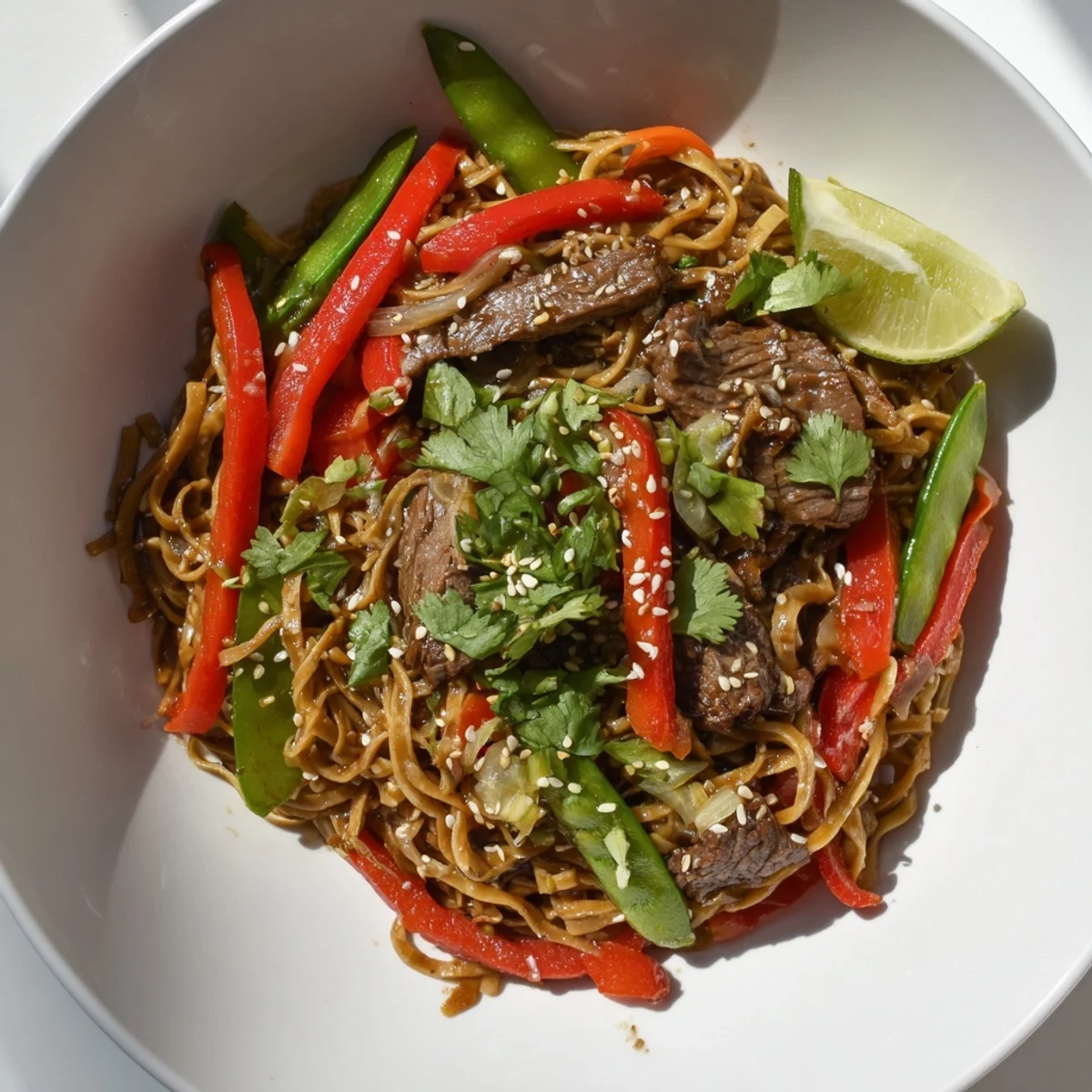 Spicy Beef Stir Fry with Noodles steaming in a skillet, garnished with sesame seeds and fresh cilantro.