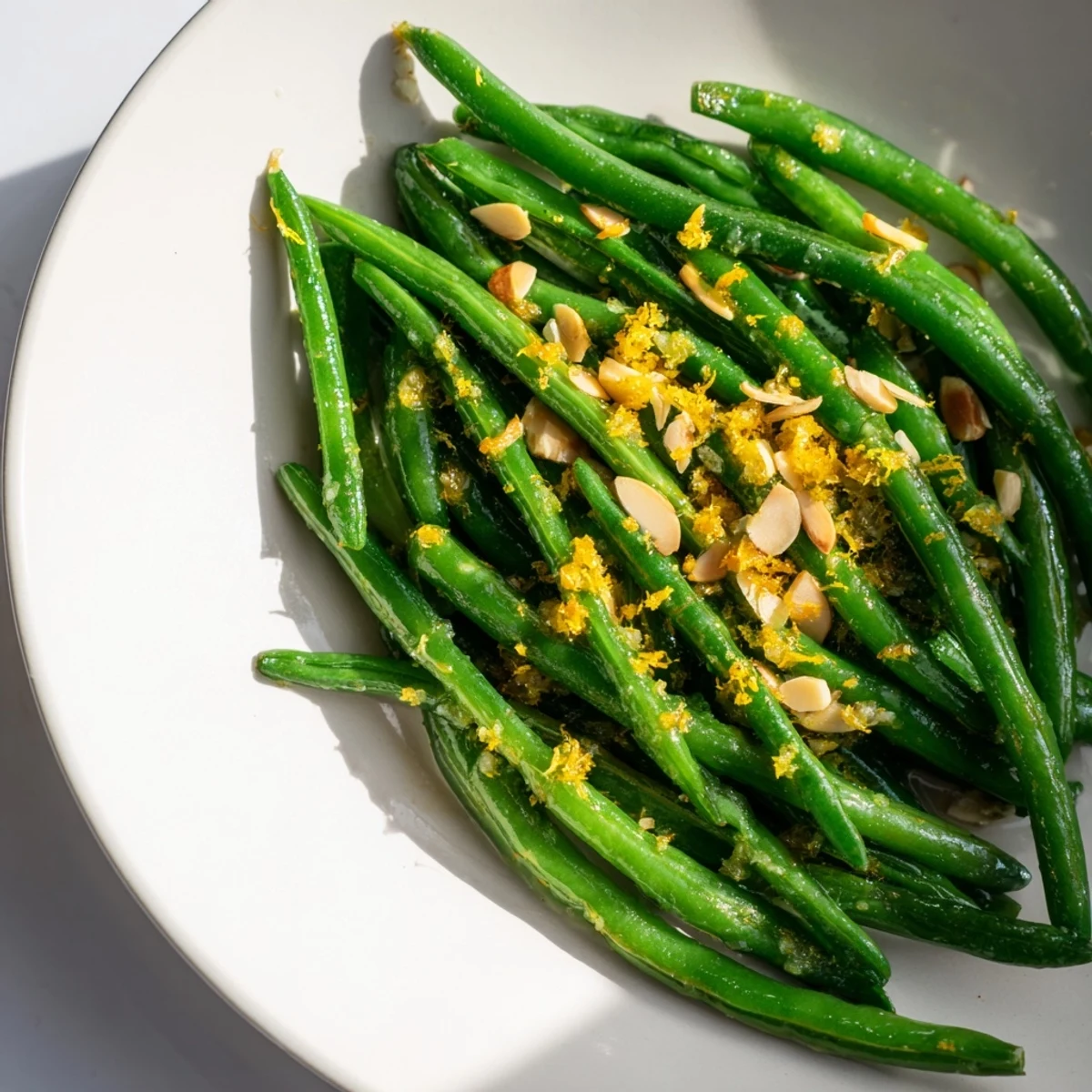 Bright green beans with lemon and almonds glisten in a pan, ready as a vibrant vegetarian side dish.