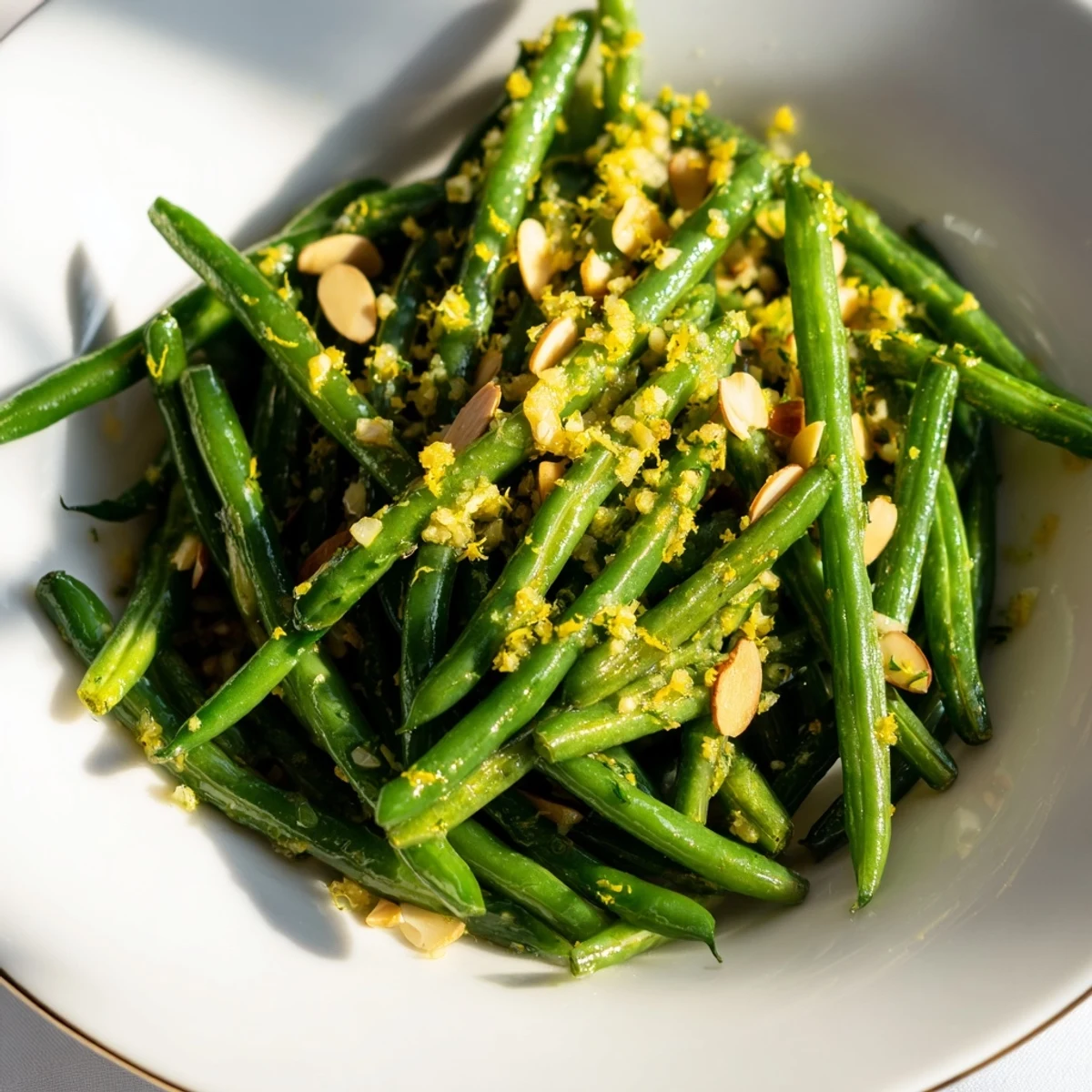 Crisp-tender green beans with lemon and almonds are served warm, garnished with fresh zest for a bright flavor.