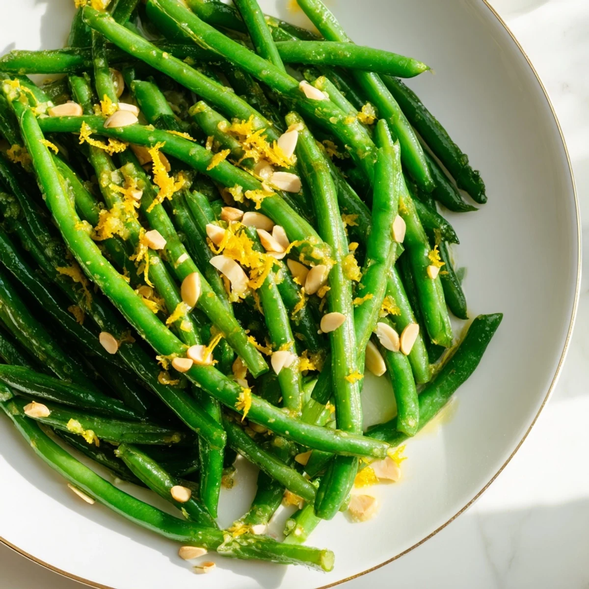 A close-up of green beans with lemon and toasted almonds showcases vibrant colors, ideal for a gluten-free side.