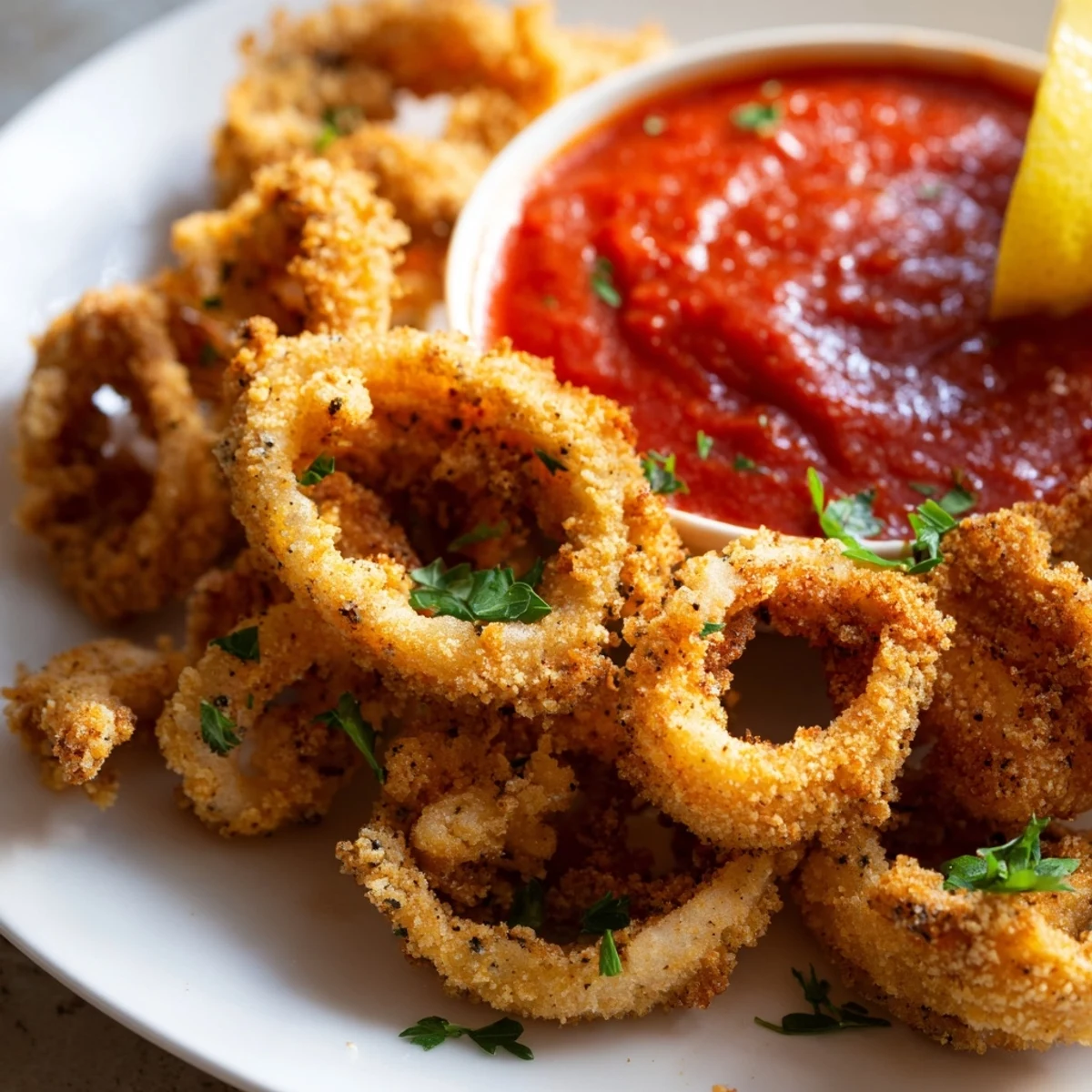 Golden, crispy calamari rings stacked high beside a bowl of rich homemade marinara, garnished with fresh parsley and lemon wedges.