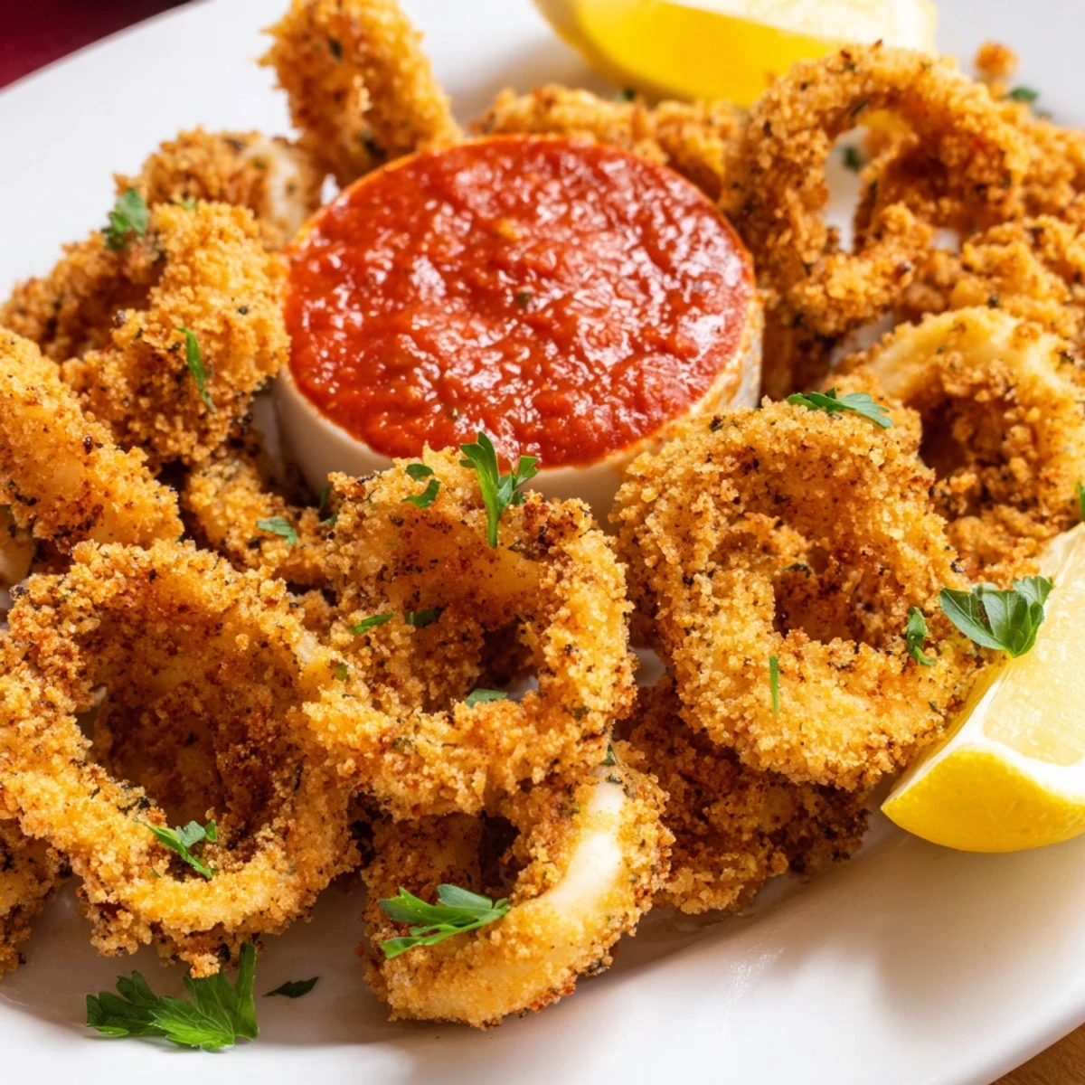 A close-up of crunchy, beer-battered calamari, drizzled with marinara and fresh lemon, perfect for game day snacking.