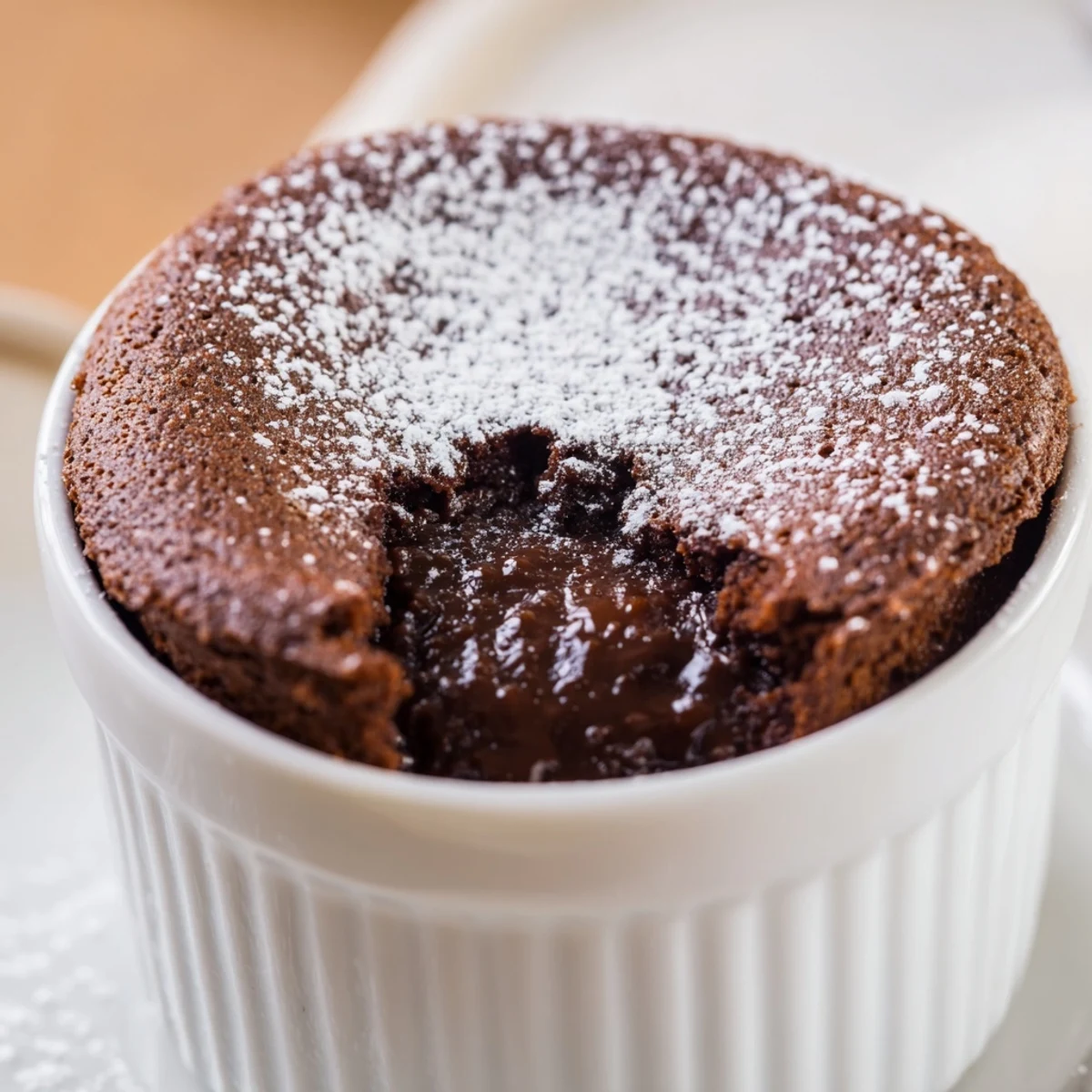 Romantic Chocolate Soufflé with a molten center being spooned onto a plate, paired with fresh raspberries for a sweet bite.  