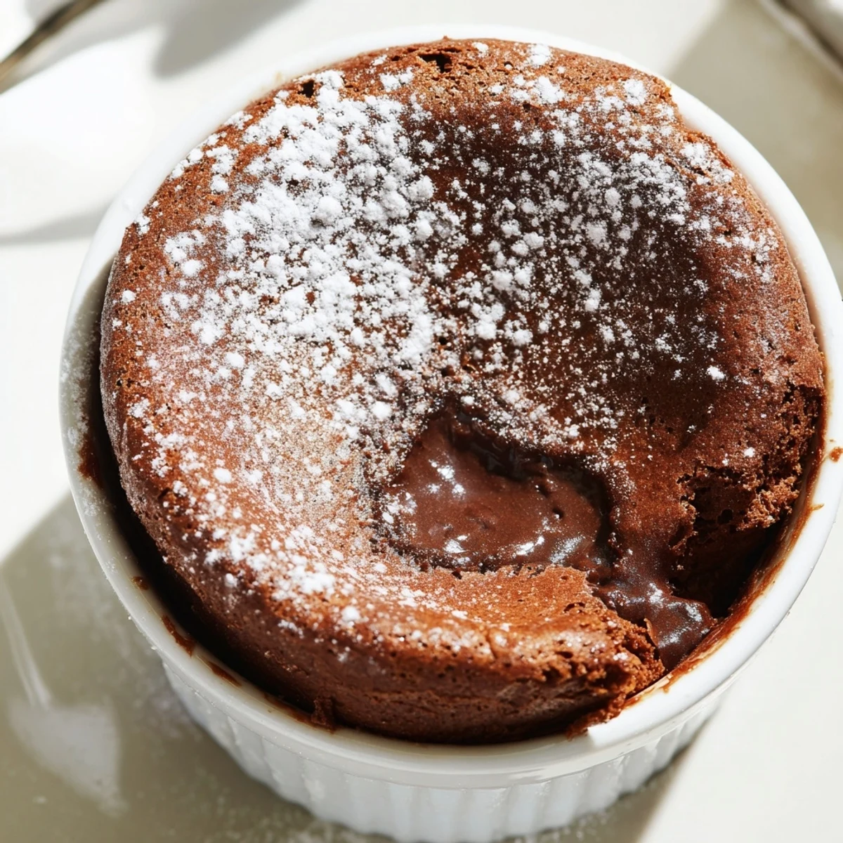 A golden, risen Romantic Chocolate Soufflé in a white ramekin, dusted with powdered sugar, next to a glass of red wine.  