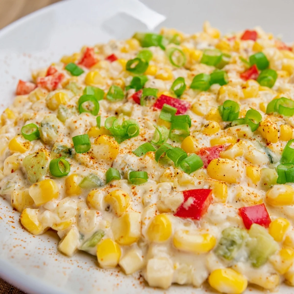 Vibrant Mardi Gras Maque Choux corn dish featuring golden corn, bell peppers, and spices in a creamy sauce.  