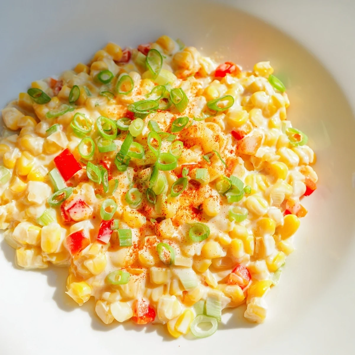 A skillet of Cajun-style Mardi Gras Maque Choux with sweet corn, diced peppers, and a rich, savory cream.  