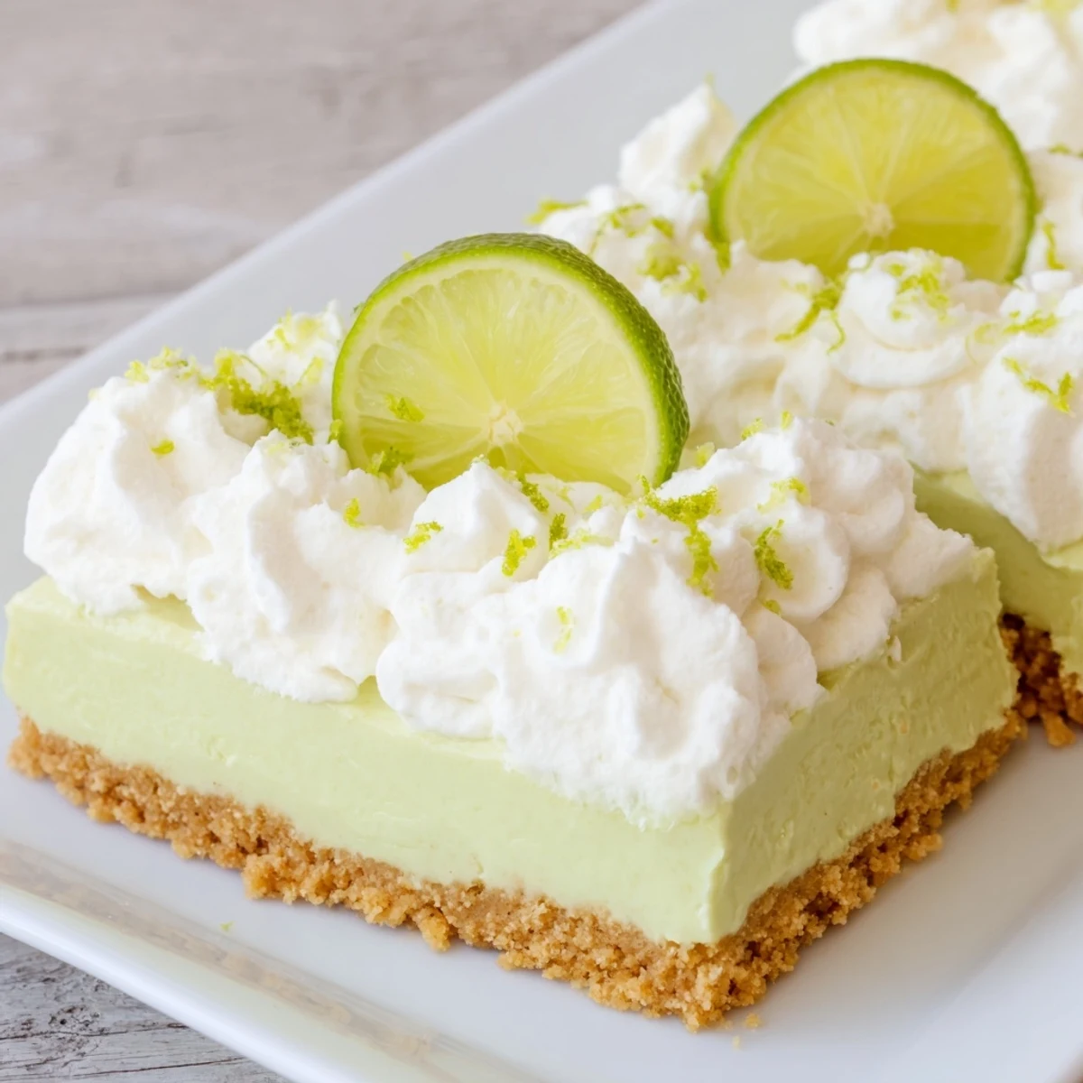 A slice of vibrant green St. Patrick's Day Key Lime Pie Bars, topped with fluffy whipped cream and lime zest.