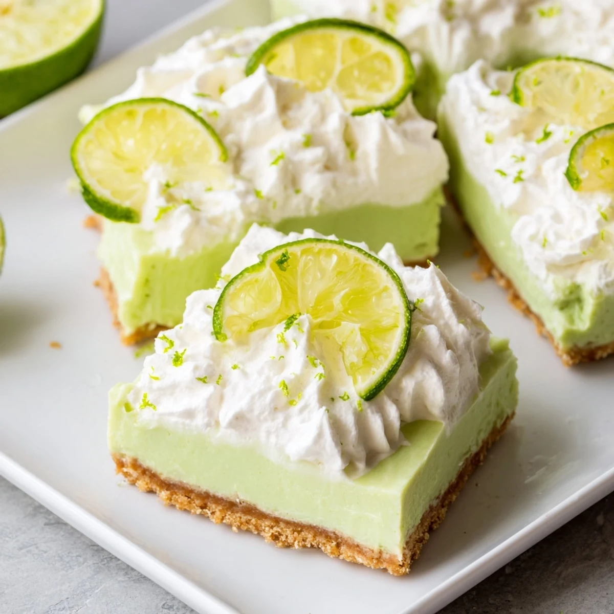 Green Key Lime Pie Bars for St. Patrick's Day, garnished with fresh lime slices on a serving plate.
