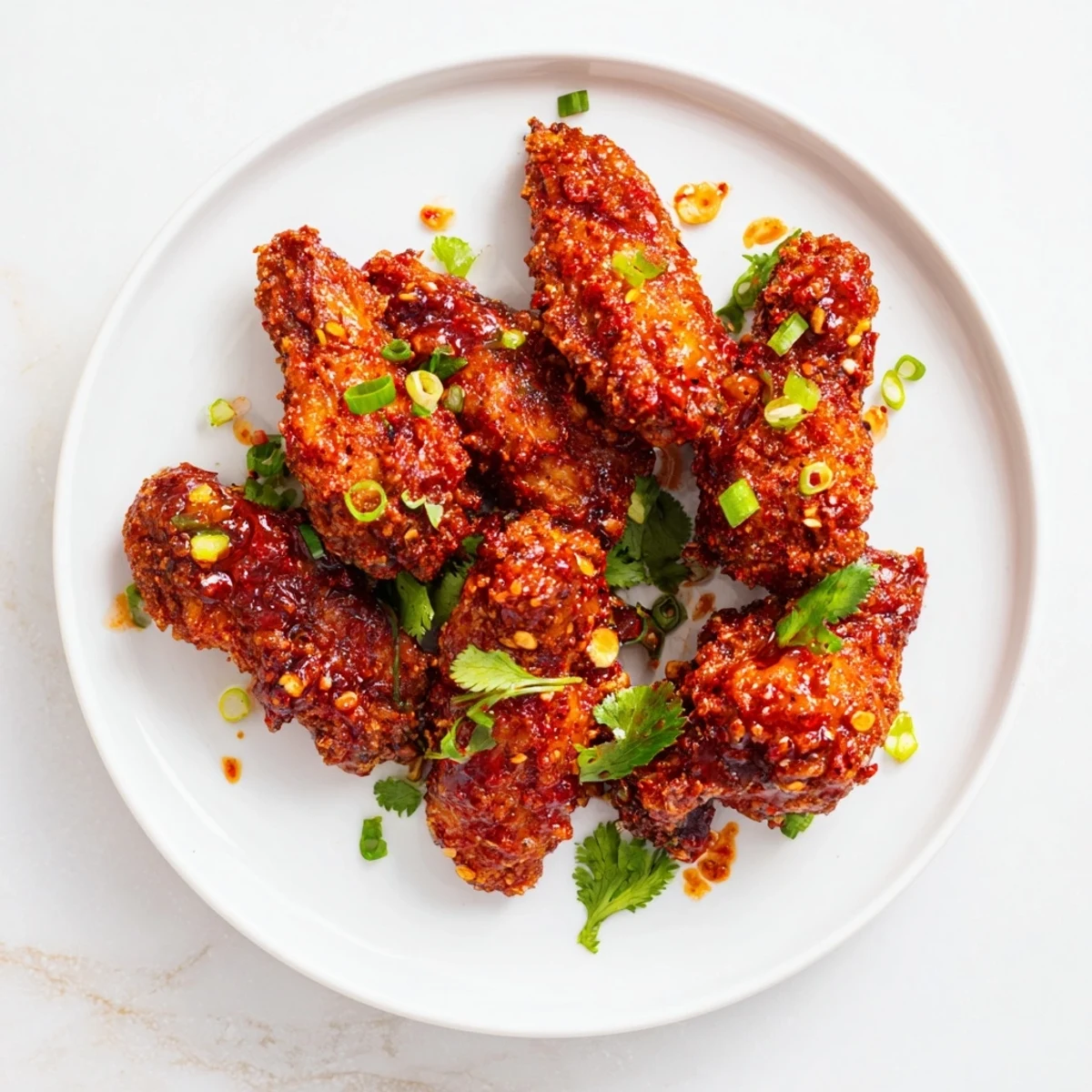 Crispy baked Super Bowl Spicy Sriracha Wings glistening with a spicy glaze, garnished with cilantro and green onions on a serving platter.