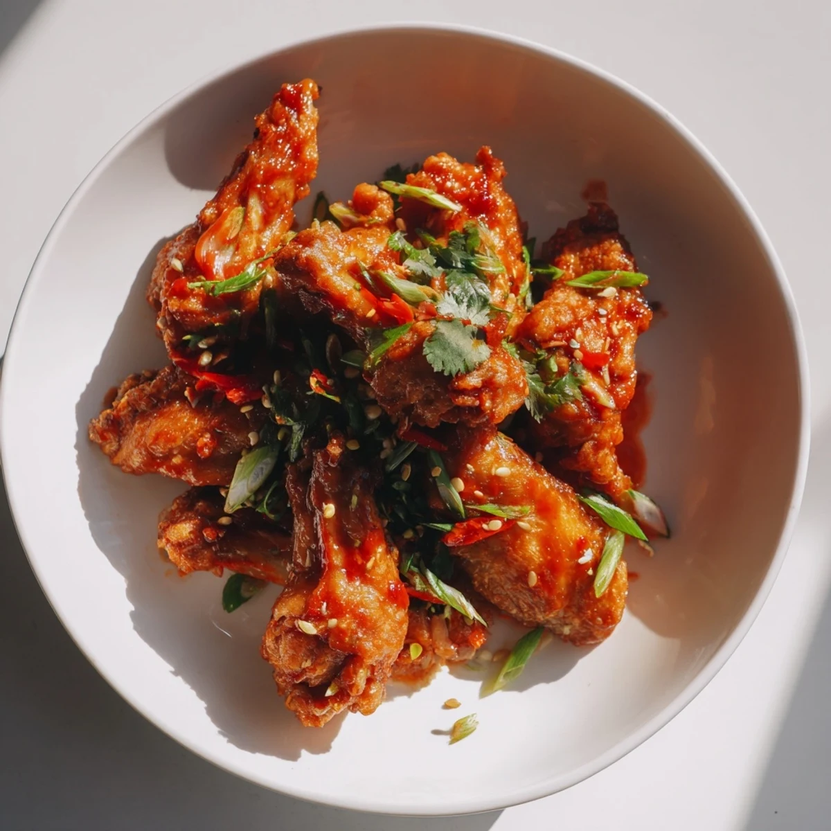 Freshly tossed Super Bowl Spicy Sriracha Wings coated in a glossy, fiery sauce, paired with lime wedges and a blue cheese dip.