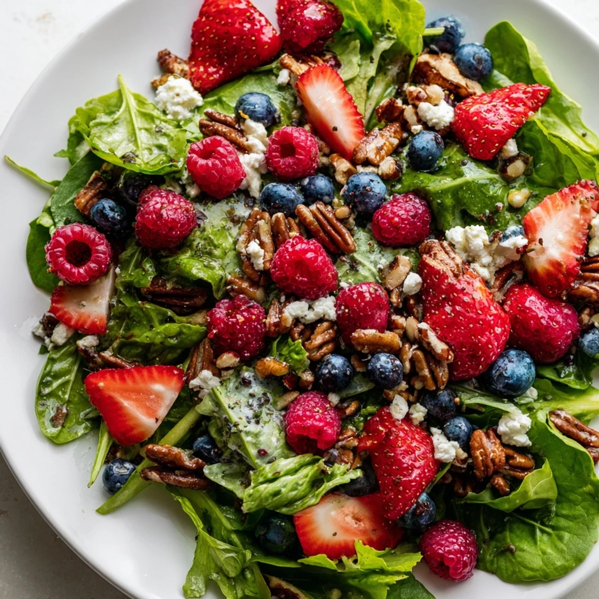 A close-up of the Sweetheart Berry Salad with poppy seed dressing, showcasing vibrant red strawberries and blueberries on crisp greens.