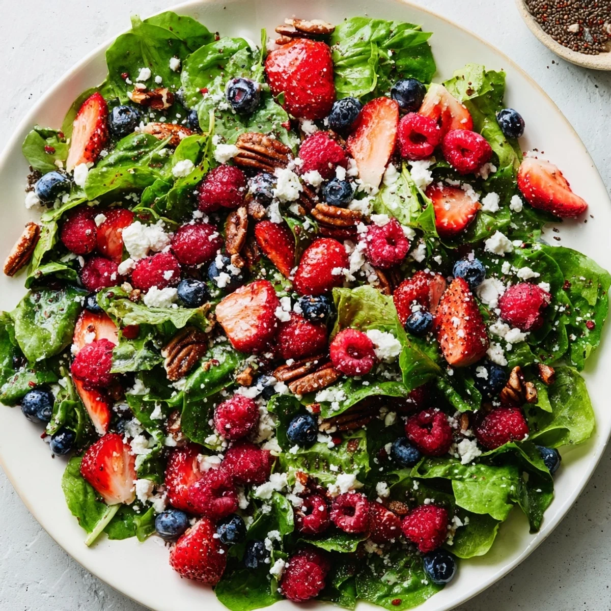 Festive Sweetheart Berry Salad with poppy seed dressing, topped with crumbled feta and candied pecans on a rustic wooden table.