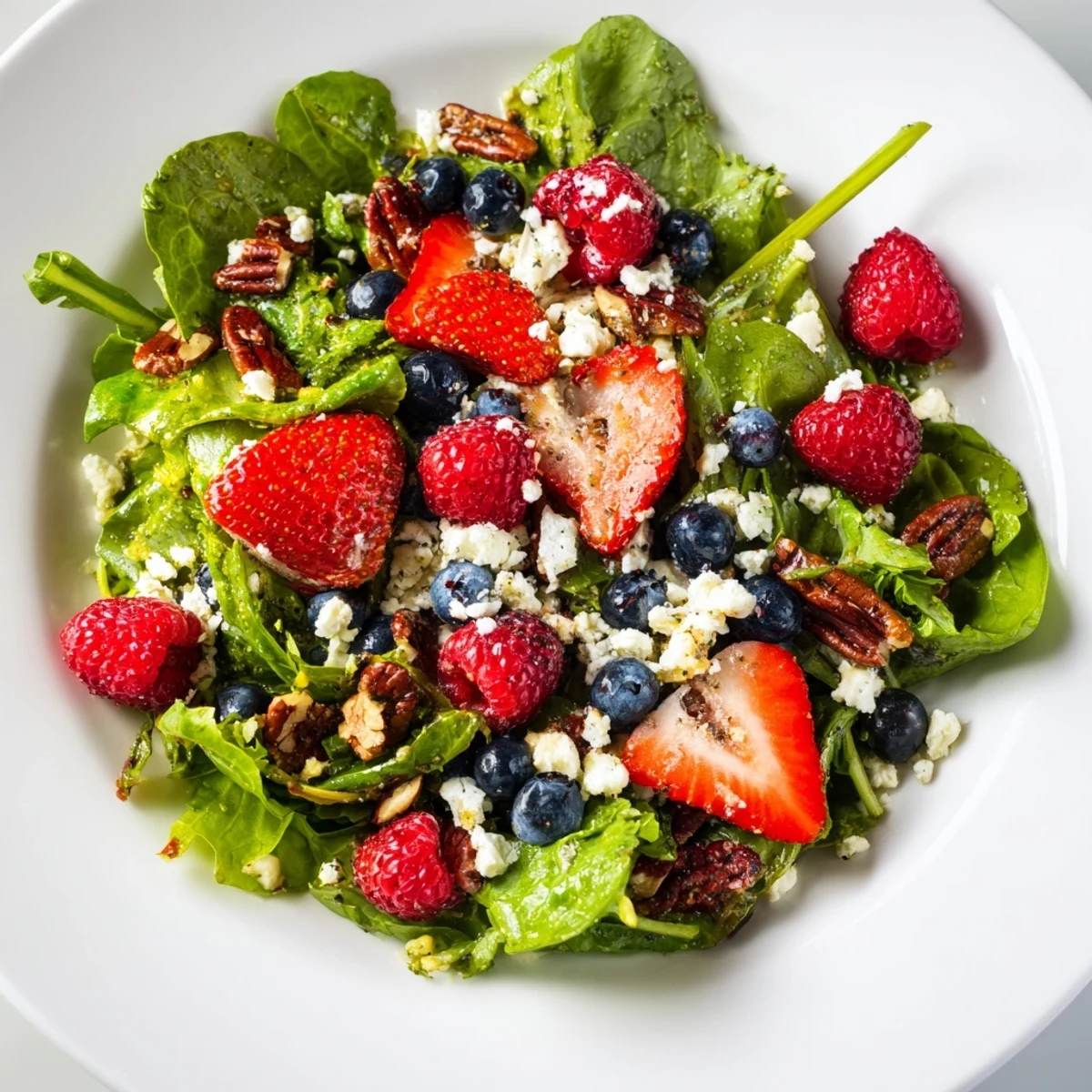 Freshly tossed Sweetheart Berry Salad with mixed greens, juicy raspberries, and a shimmering poppy seed dressing in a large glass bowl.