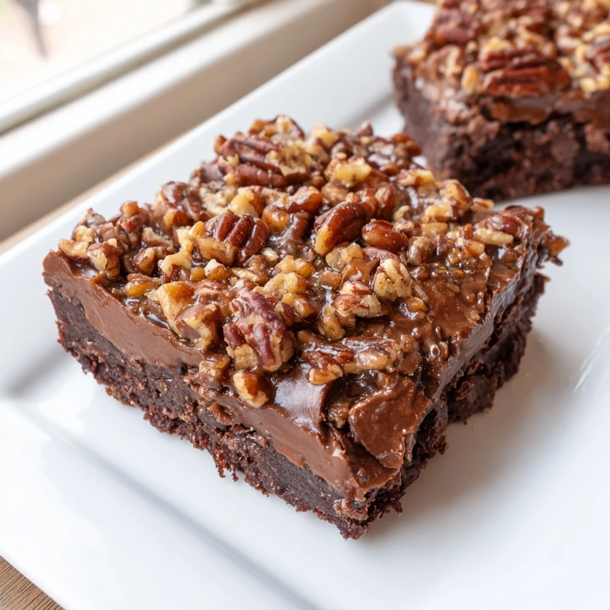 A close-up of New Orleans Praline Brownies with a glossy, pecan-studded praline layer on fudgy chocolate squares.  
