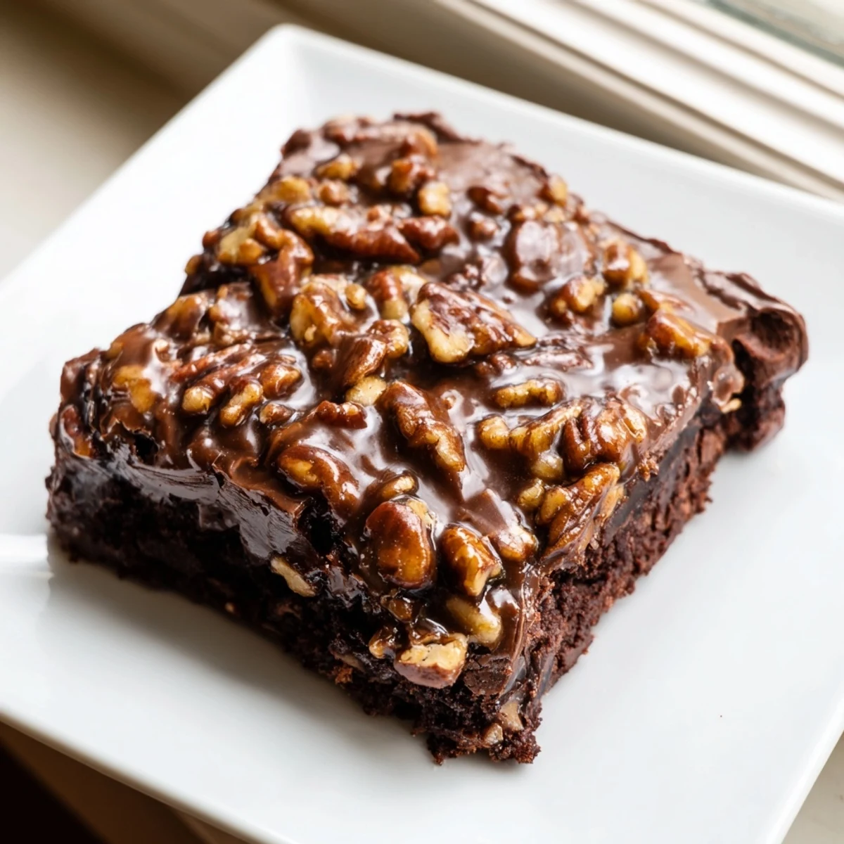 Freshly cut squares of New Orleans Praline Brownies show a dense, fudgy interior and a glossy, nutty praline topping.  