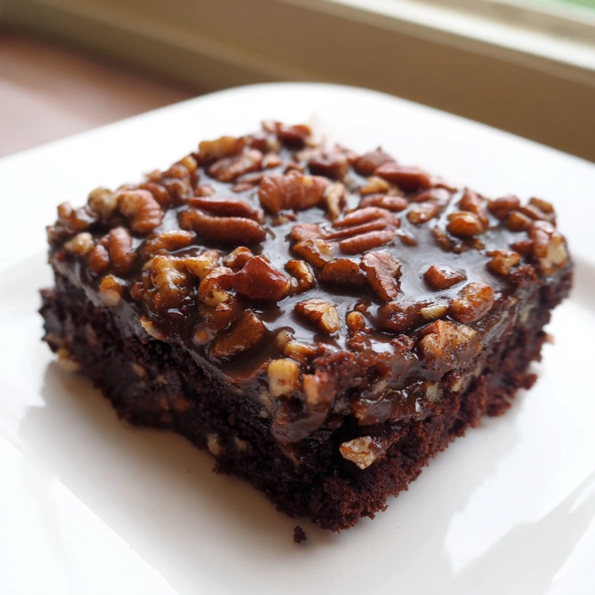 Overhead view of New Orleans Praline Brownies topped with chopped pecans, ready to serve with a glass of milk.