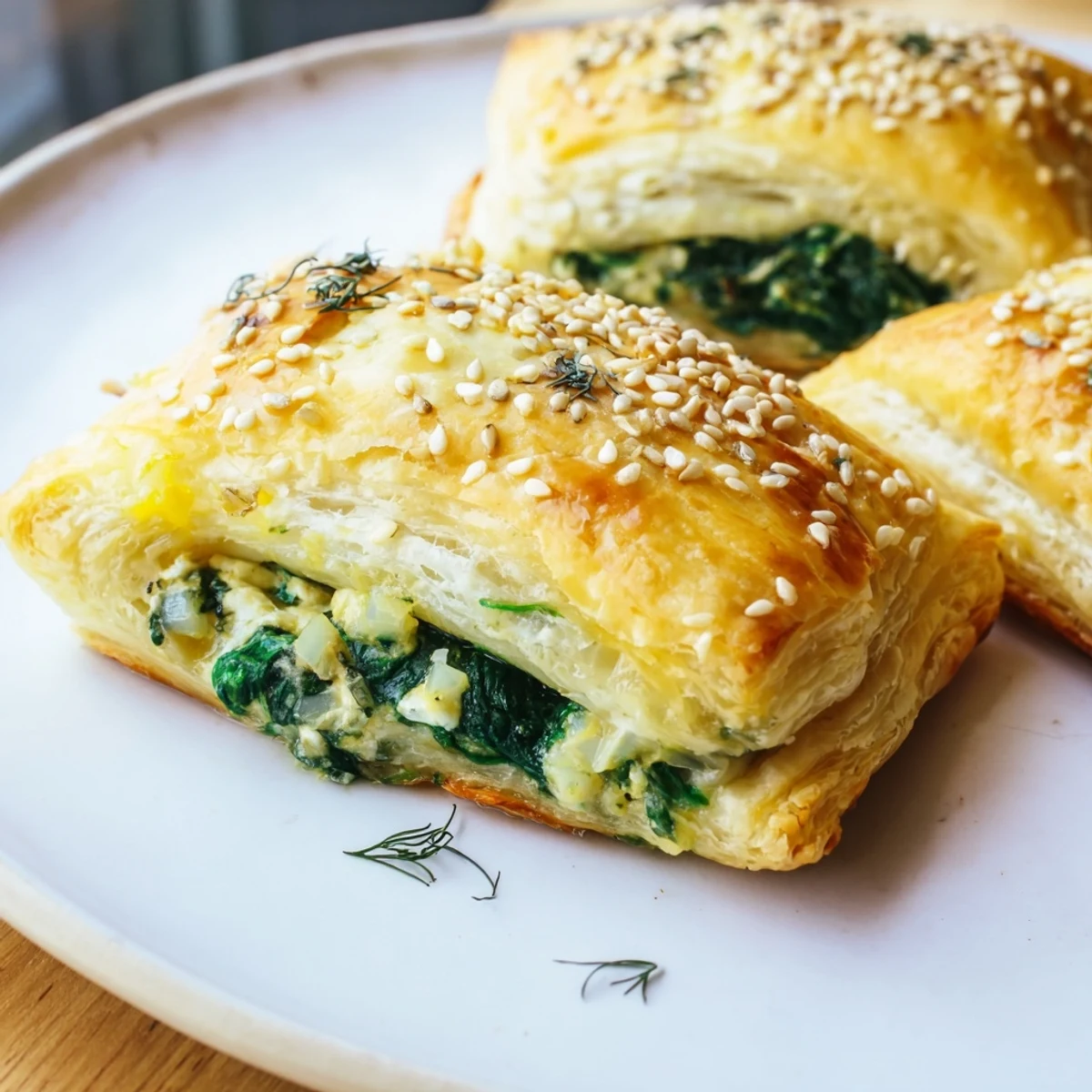 Golden-baked Green Spinach and Feta Puff Pastry parcels, flaky and golden brown, sit on a rustic wooden board ready to serve.
