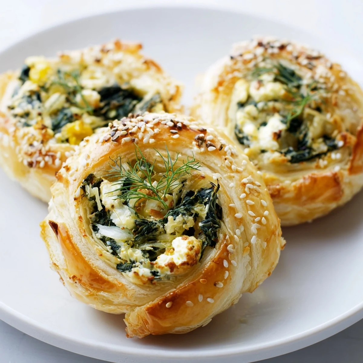 Warm Green Spinach and Feta Puff Pastry with golden crust and visible spinach, served with a glass of crisp white wine.