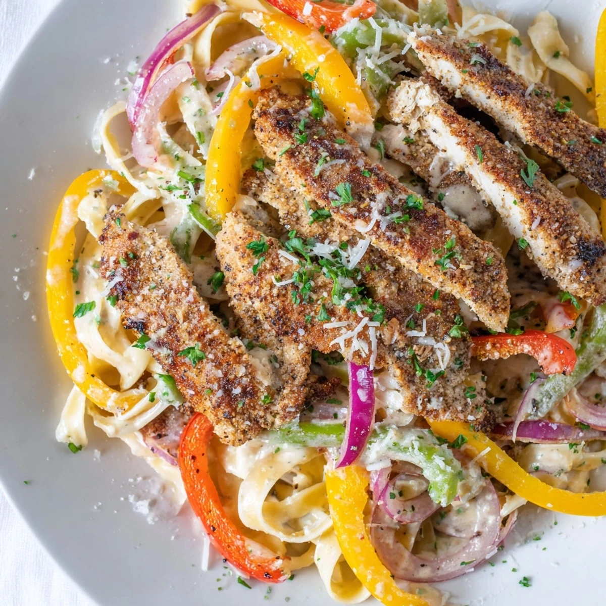 Golden-brown Cajun Chicken Pasta with Bell Peppers steams in a creamy white sauce, served in a rustic bowl.