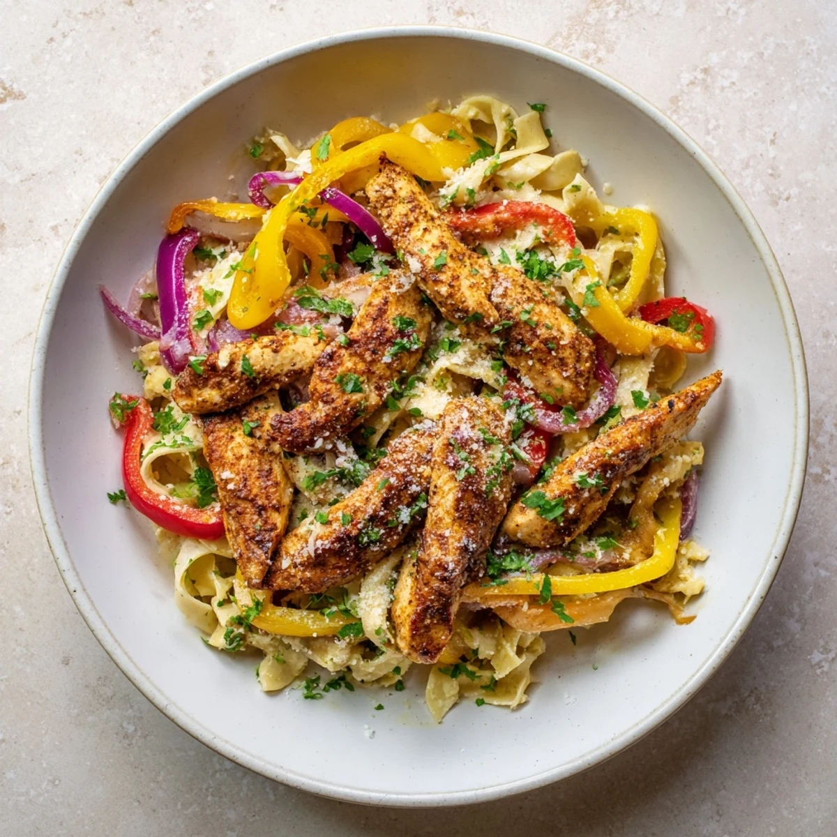 Tender strips of Cajun Chicken Pasta with Bell Peppers tossed with vibrant red, yellow, and green peppers.