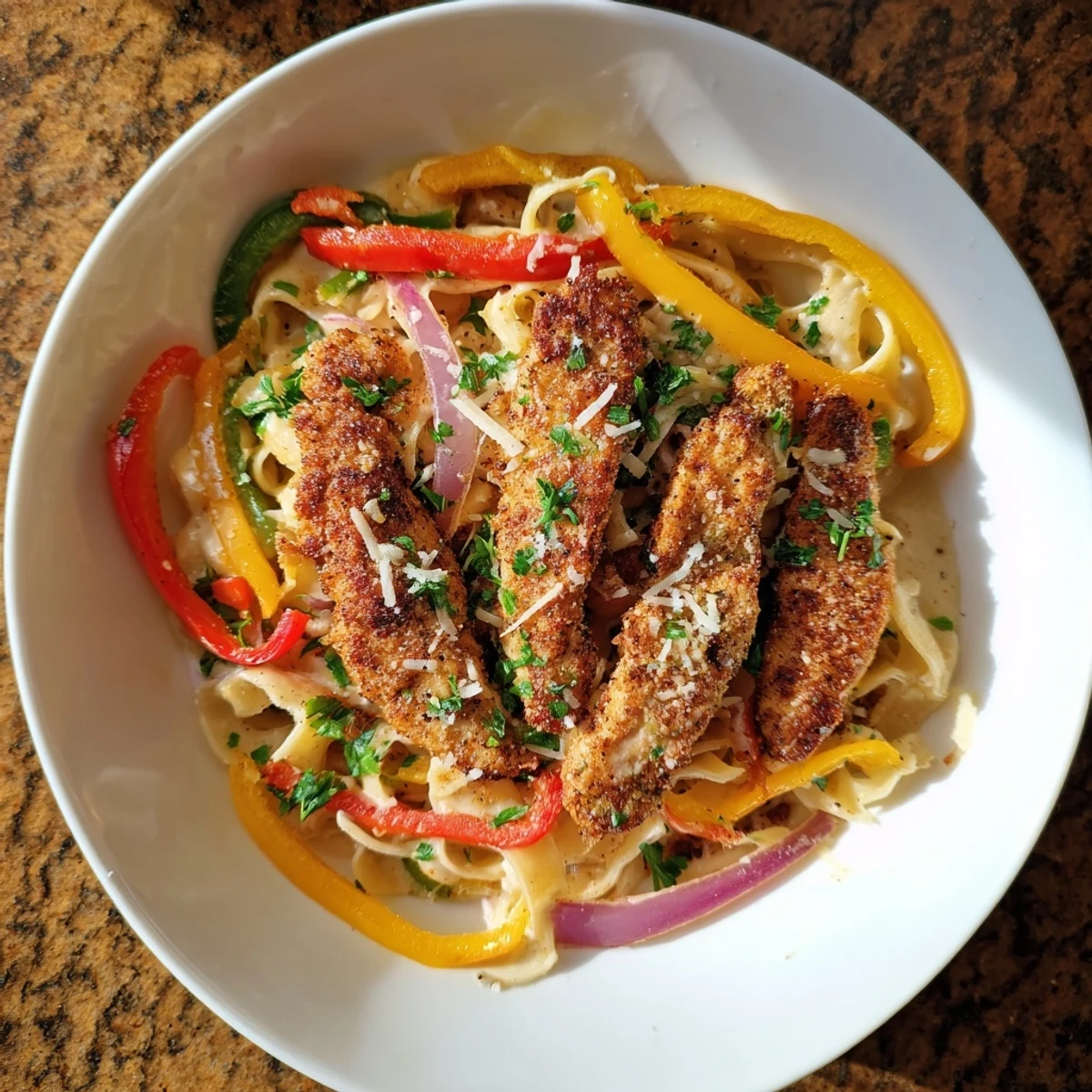 A close-up of Cajun Chicken Pasta with Bell Peppers, garnished with fresh parsley and grated Parmesan cheese.