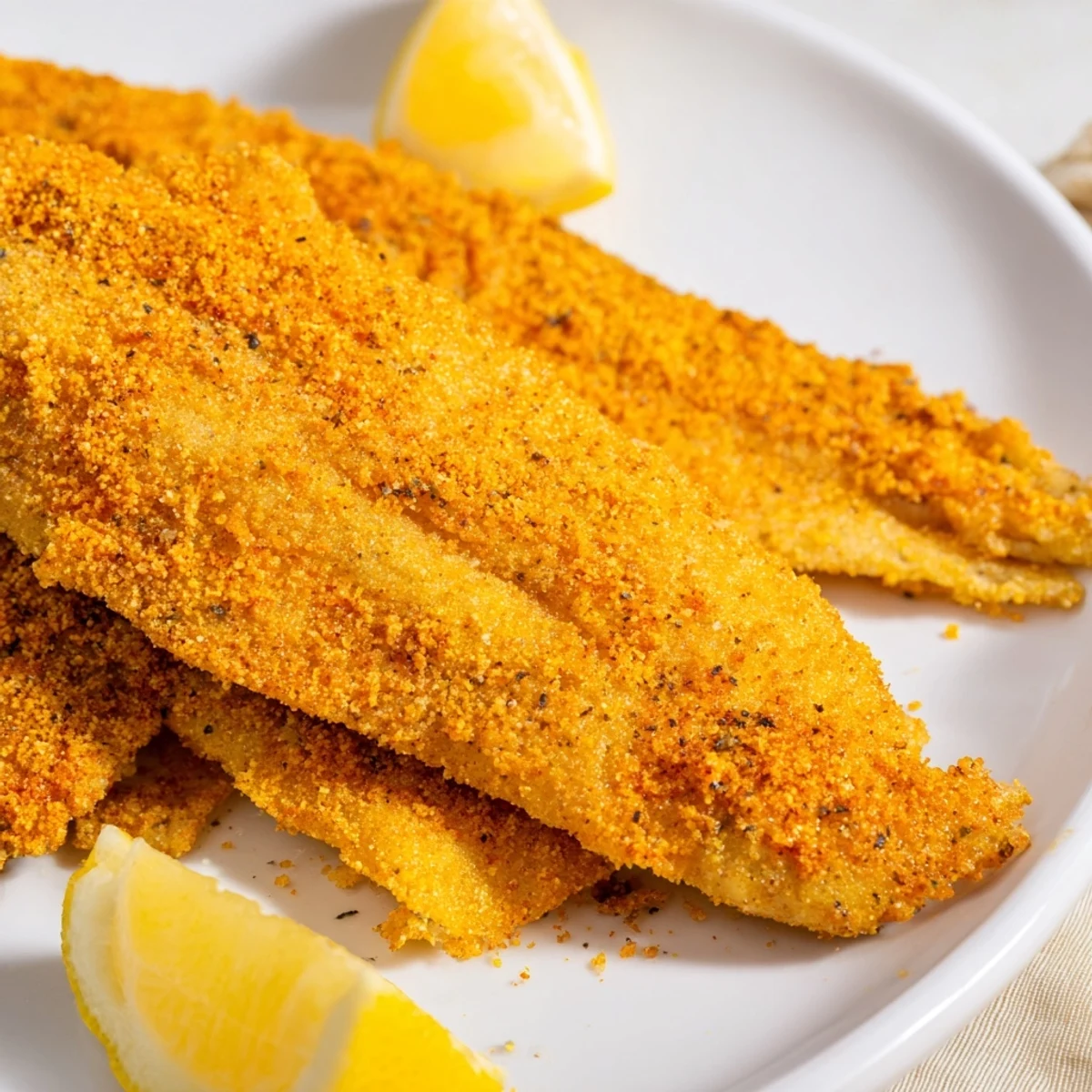 Heaping platter of Louisiana Style Fried Catfish, featuring golden, crunchy fillets next to creamy tartar sauce and fresh coleslaw.  