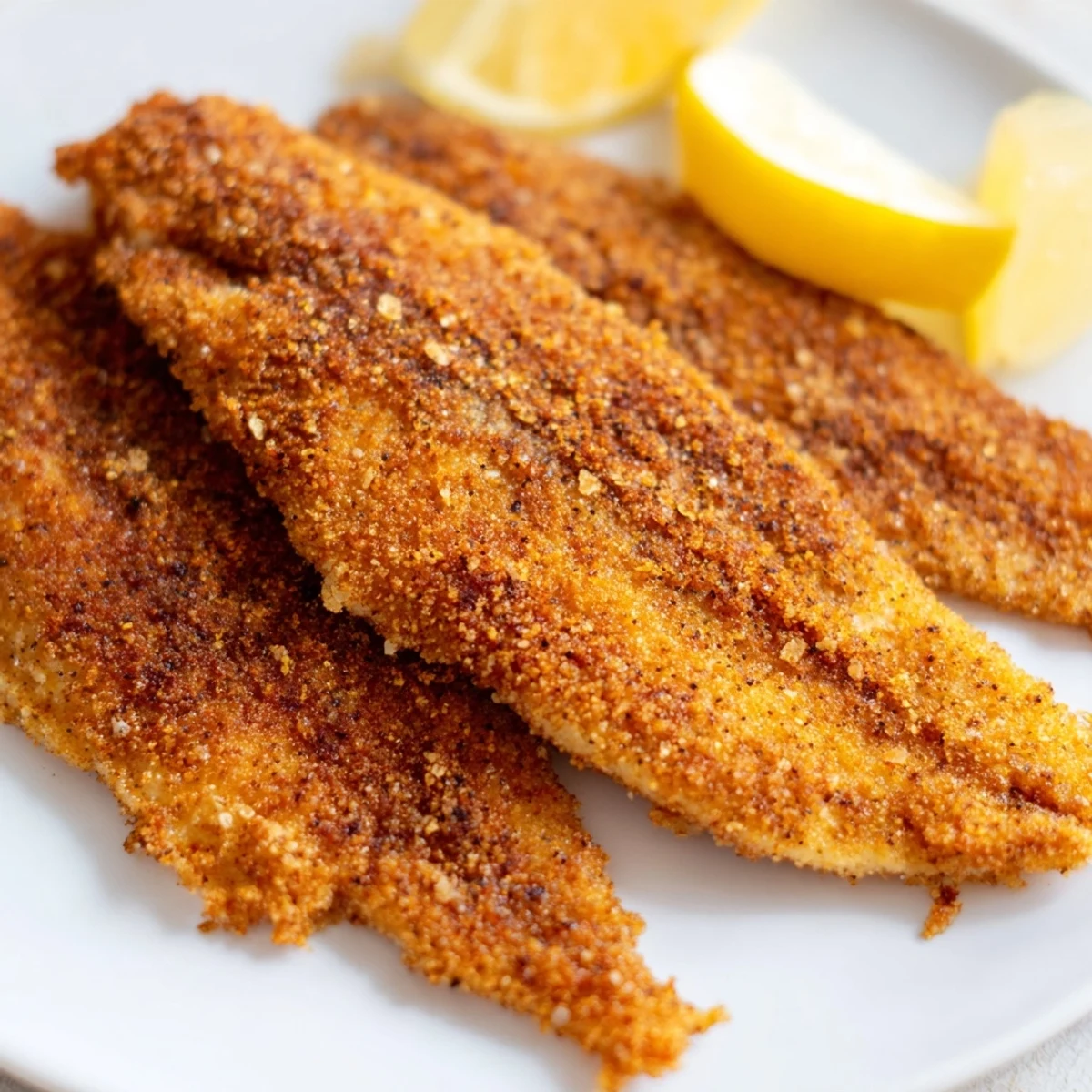 Golden-brown Louisiana Style Fried Catfish fillets with a crispy cornmeal crust, served hot with lemon wedges on a rustic plate.  