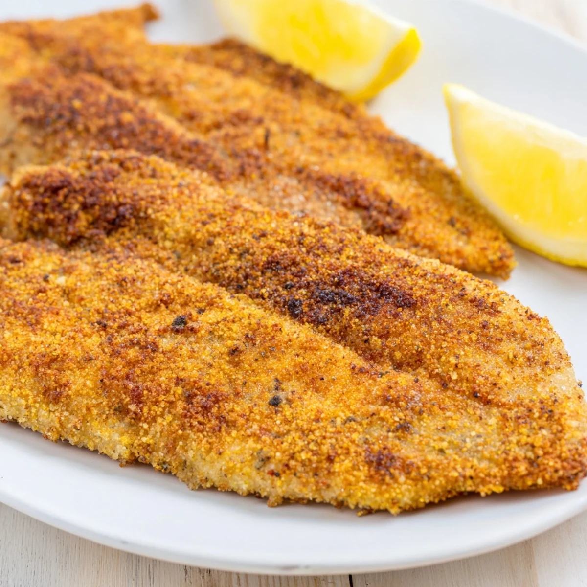 A close-up view of golden Louisiana Style Fried Catfish fillets, highlighting the spicy Cajun-seasoned crust and flaky white interior.