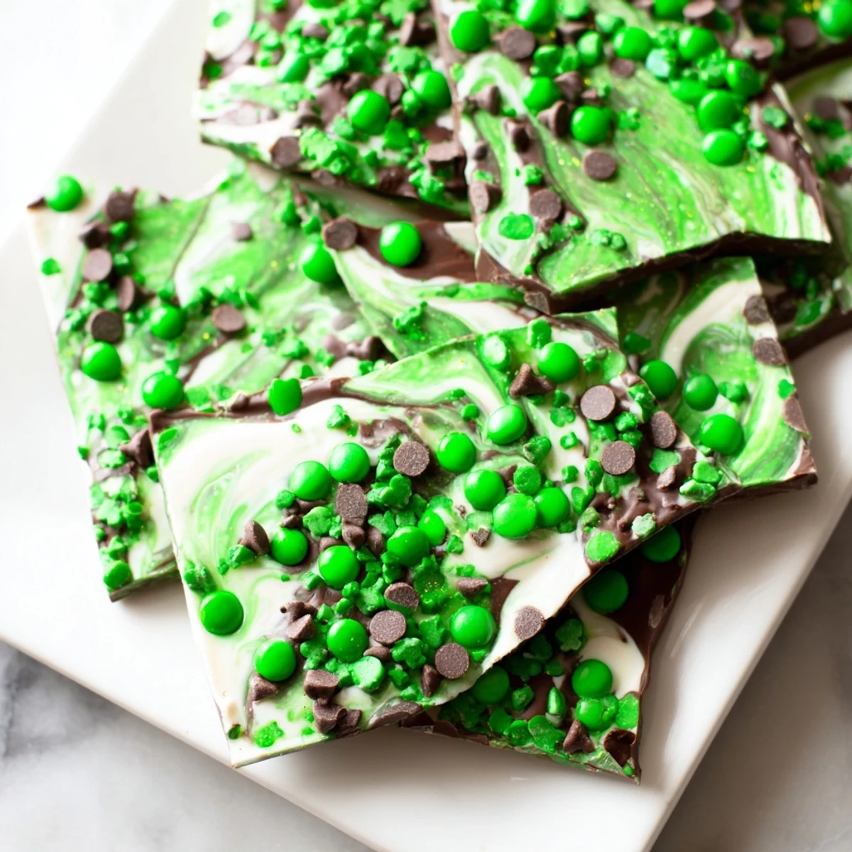 Festive St. Patricks Day Mint Chocolate Bark features green candies and a rich, marbled texture on a white plate. 