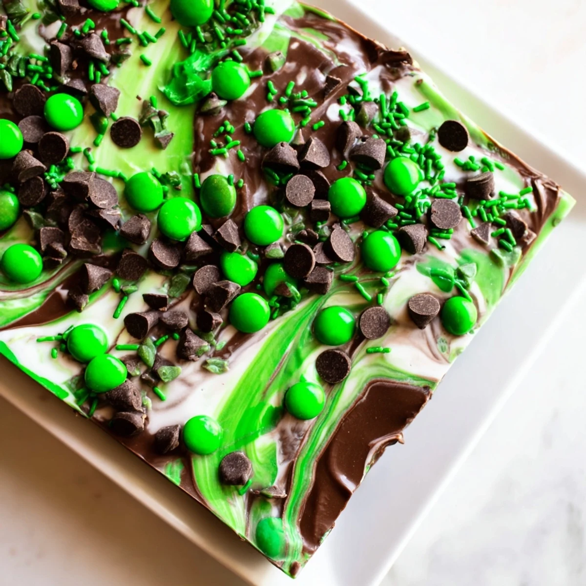 A close-up of St. Patricks Day Mint Chocolate Bark reveals cracked pieces with peppermint extract and M&Ms. 