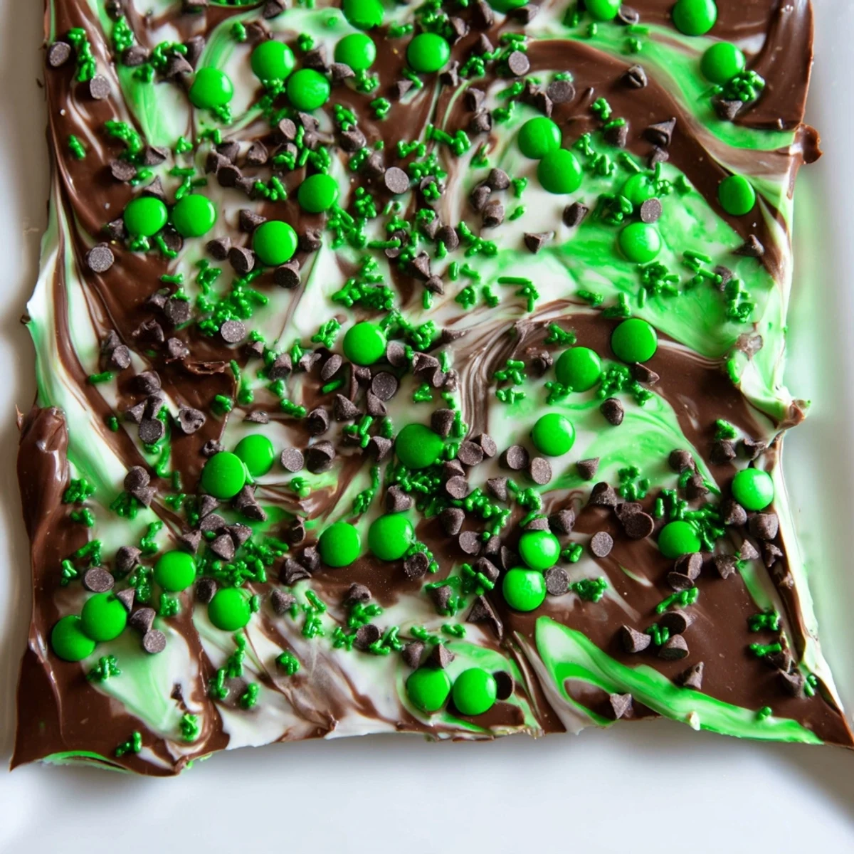 St. Patricks Day Mint Chocolate Bark with green sprinkles and chocolate chunks, broken into rustic serving pieces.