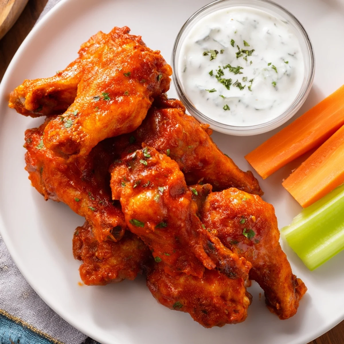 A platter of Touchdown Spicy Wings with Ranch, served with crisp celery sticks and creamy ranch dip.