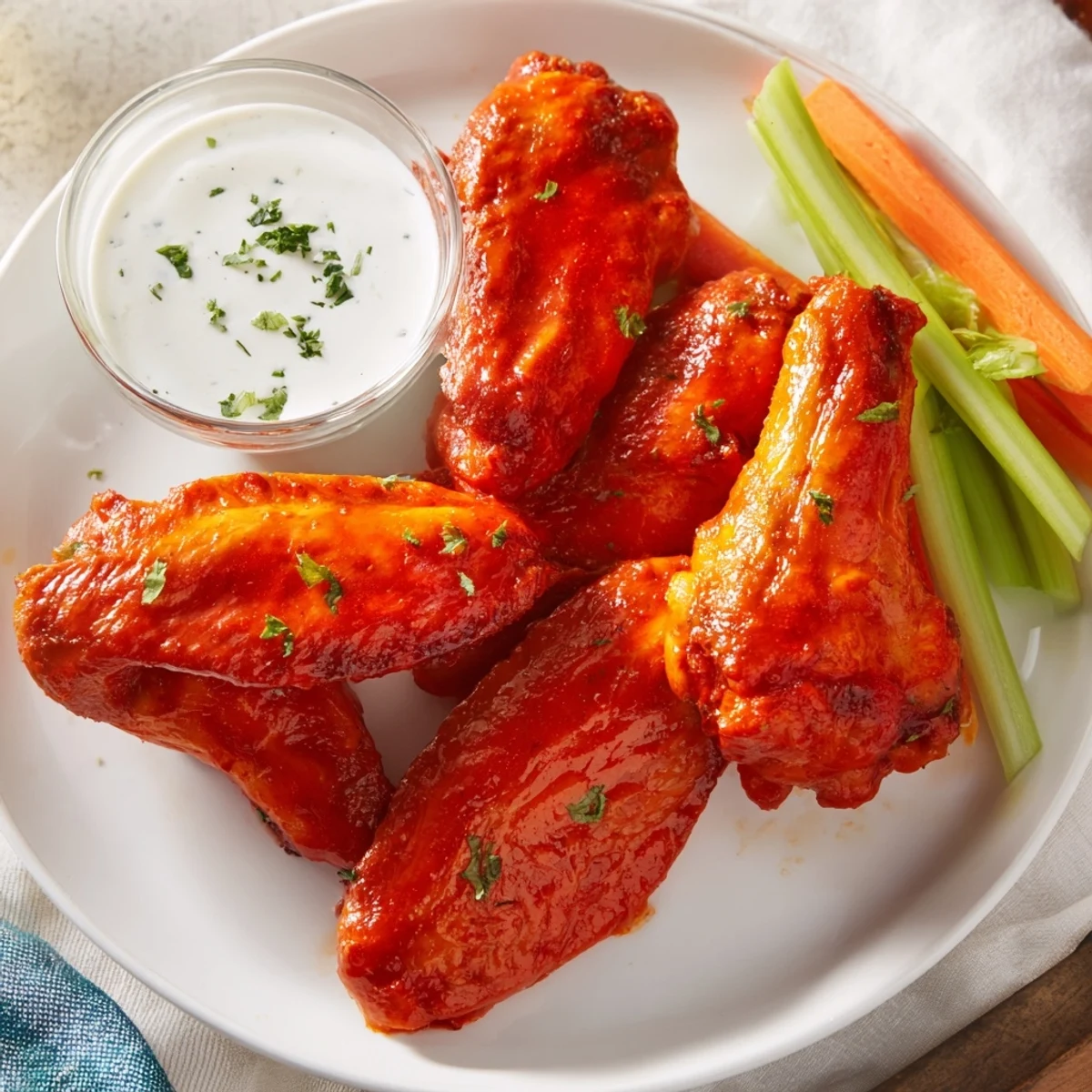 Golden-brown Touchdown Spicy Wings with Ranch, fresh from the oven and tossed in a glossy, fiery sauce.