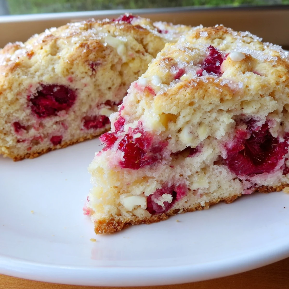 Freshly baked Raspberry White Chocolate Scones cooling on a wire rack, featuring golden edges and bright berries. 