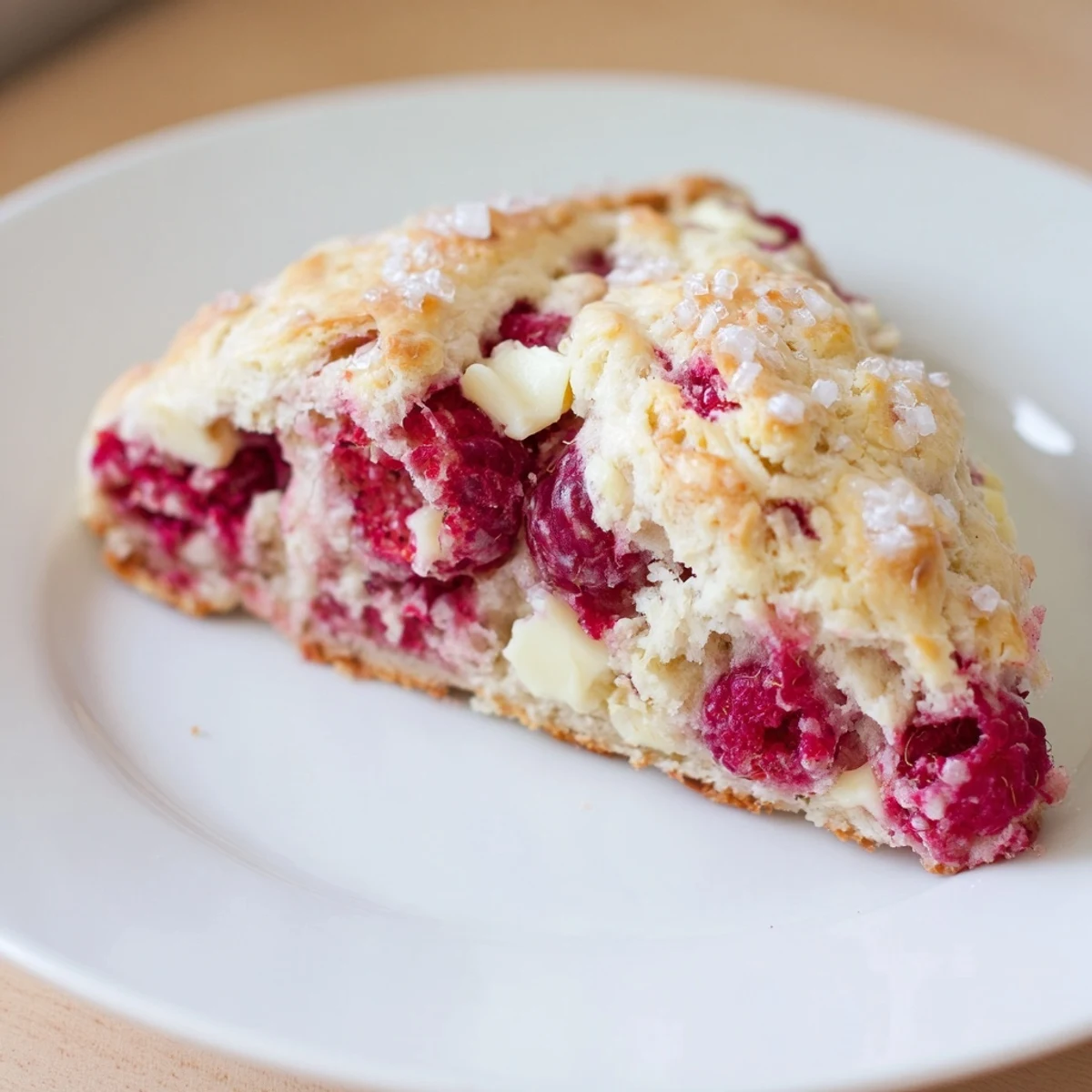 Golden brown Raspberry White Chocolate Scones served warm on a white plate with clotted cream and jam. 