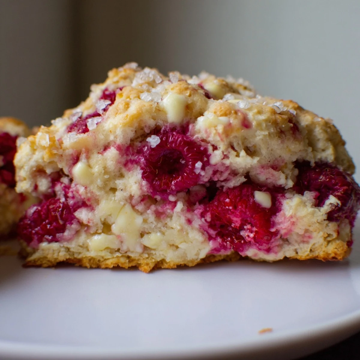 Homemade Raspberry White Chocolate Scones on a rustic wooden board with fresh raspberries and a cup of tea.