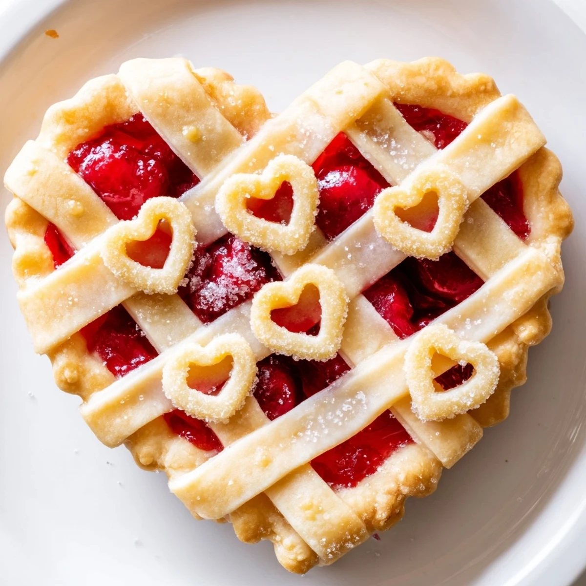 A freshly baked Sweetheart Cherry Pie with a golden lattice crust, oozing with sweet-tart cherry filling and ready to slice.  