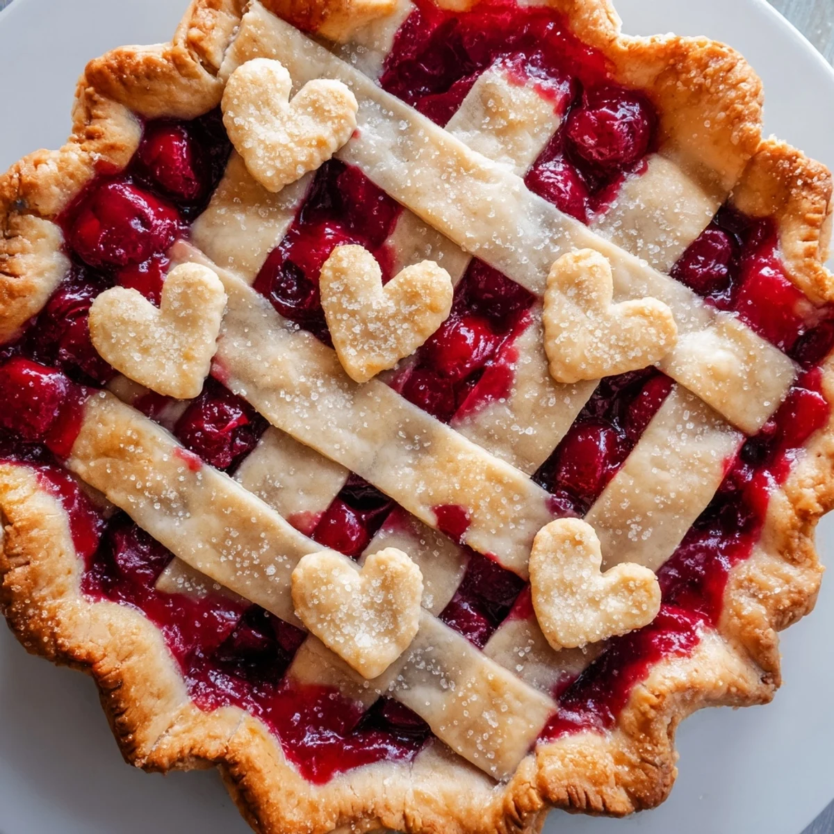 This close-up view of Sweetheart Cherry Pie reveals a buttery, flaky crust brushed with egg wash and sprinkled with coarse sugar.  