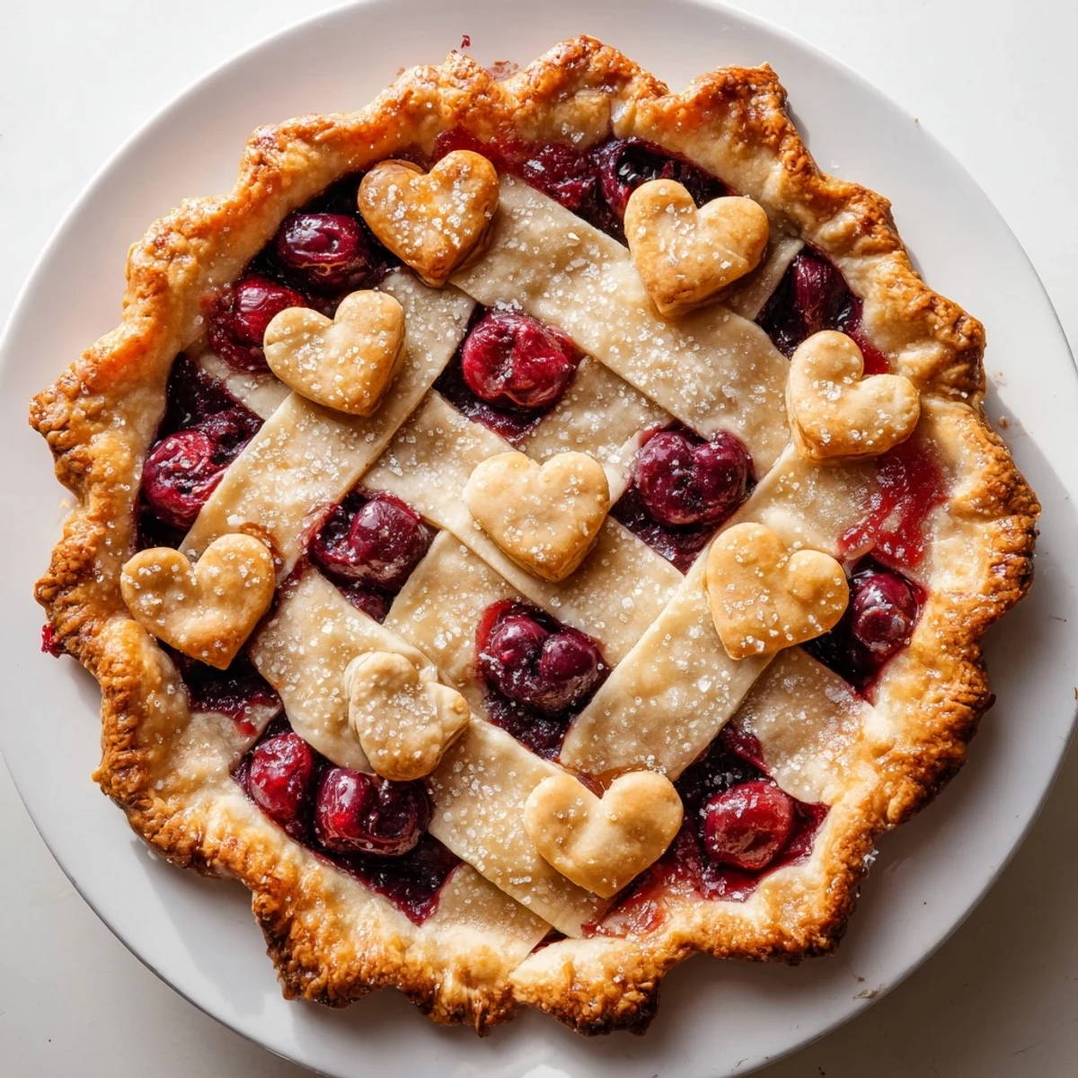 Homemade Sweetheart Cherry Pie with decorative heart cutouts, served warm with a scoop of vanilla ice cream melting on top.